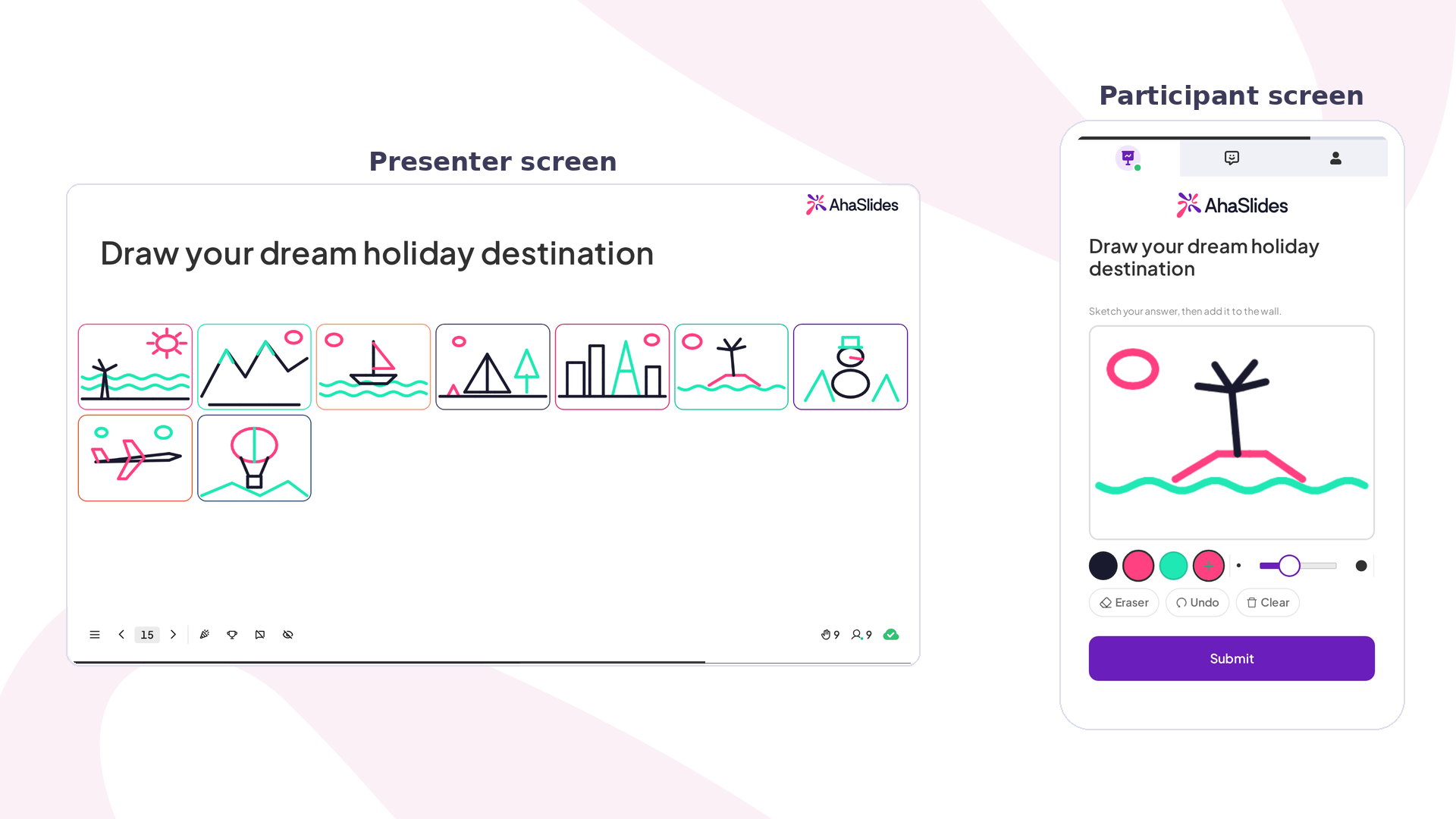 Draw Answer de AhaSlides en directo: la pantalla del presentador muestra nueve dibujos del público junto a un móvil dibujando en el lienzo
