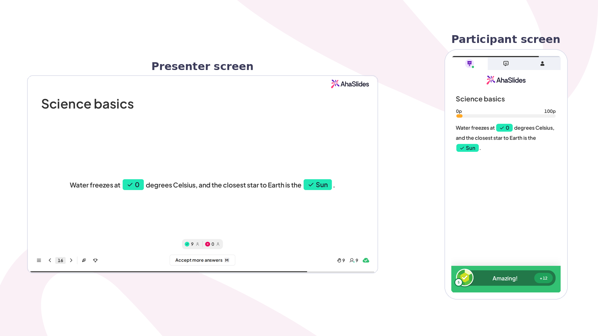 Révélation d'une diapositive Fill in the Blanks AhaSlides : l'écran du présentateur affiche les mots corrects, à côté d'un téléphone où les deux vides sont corrects