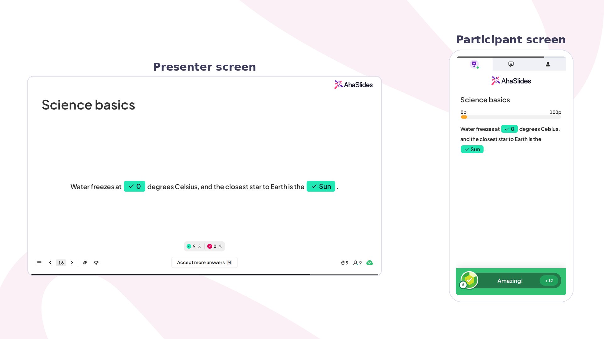Révélation d'une diapositive Fill in the Blanks AhaSlides : l'écran du présentateur affiche les mots corrects, à côté d'un téléphone où les deux vides sont corrects
