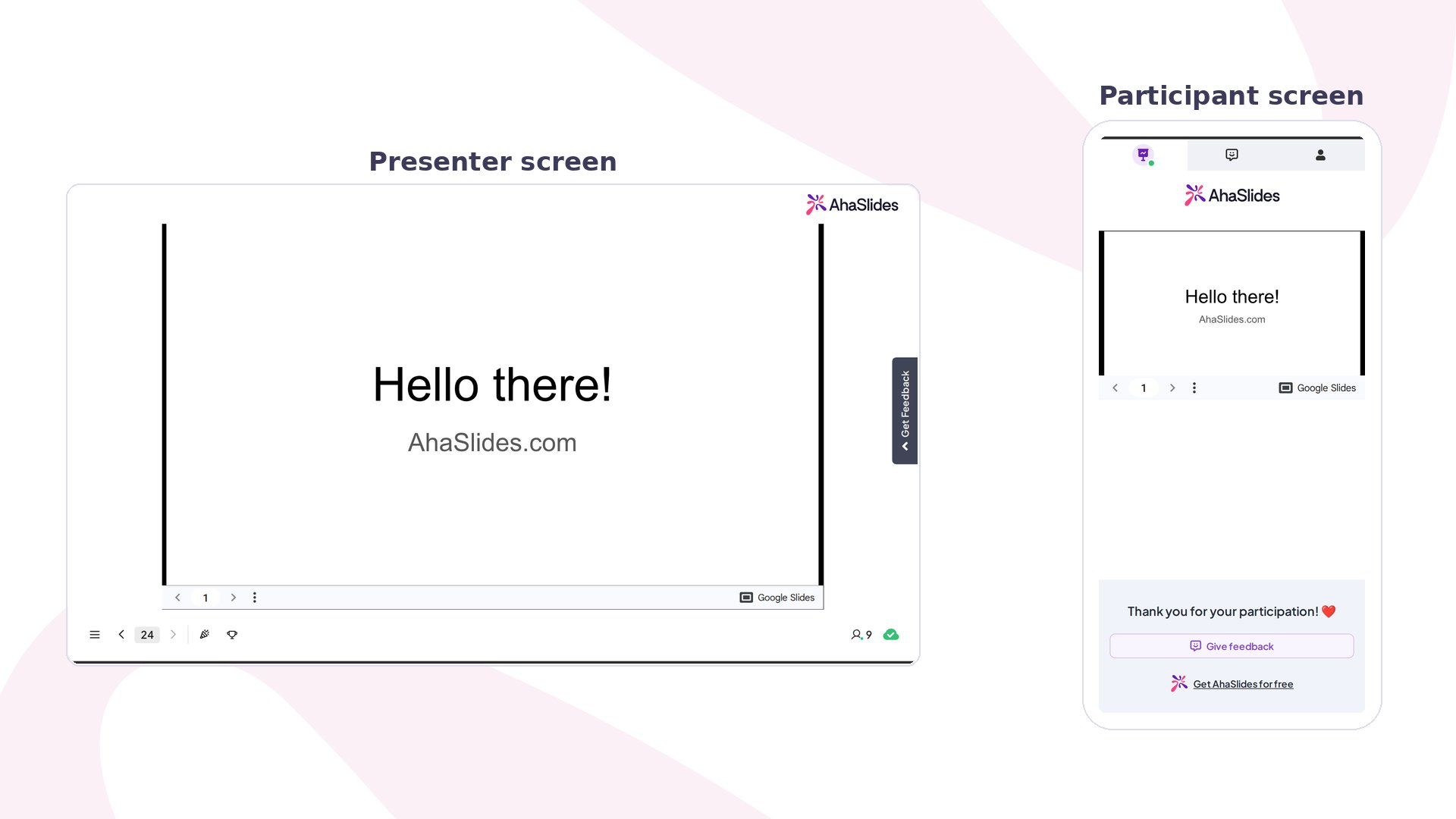 Una presentación de Google Slides en AhaSlides: pantalla del presentador con los controles de Google Slides junto al móvil del participante