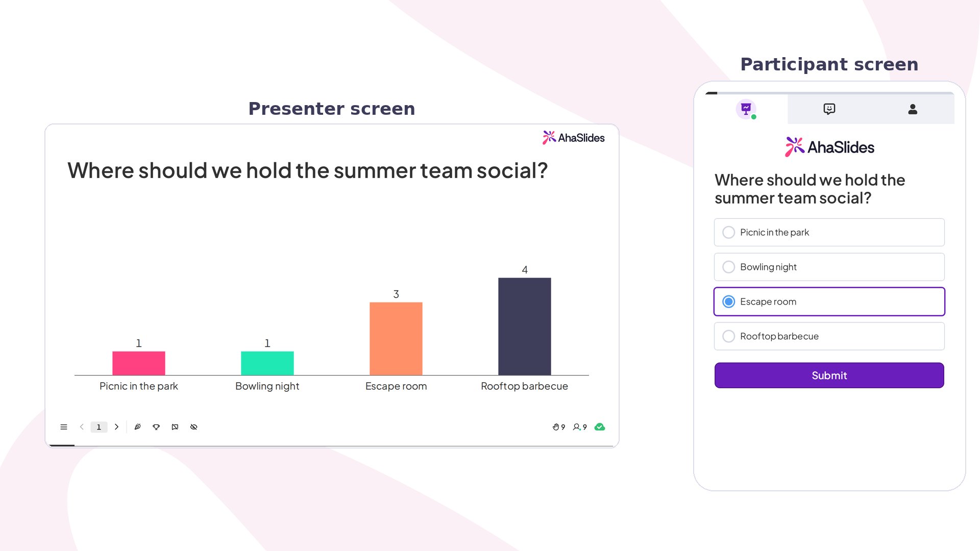 Pantalla del presentador de AhaSlides con una diapositiva Poll y resultados en vivo, junto a la pantalla del participante en un teléfono