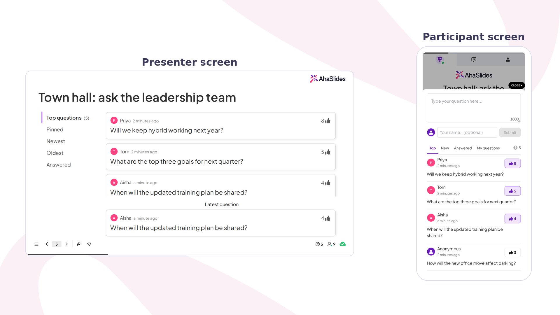Diapositiva Q&A de AhaSlides en directo: la pantalla del presentador lista las preguntas del público por votos, junto a un móvil con la lista de preguntas