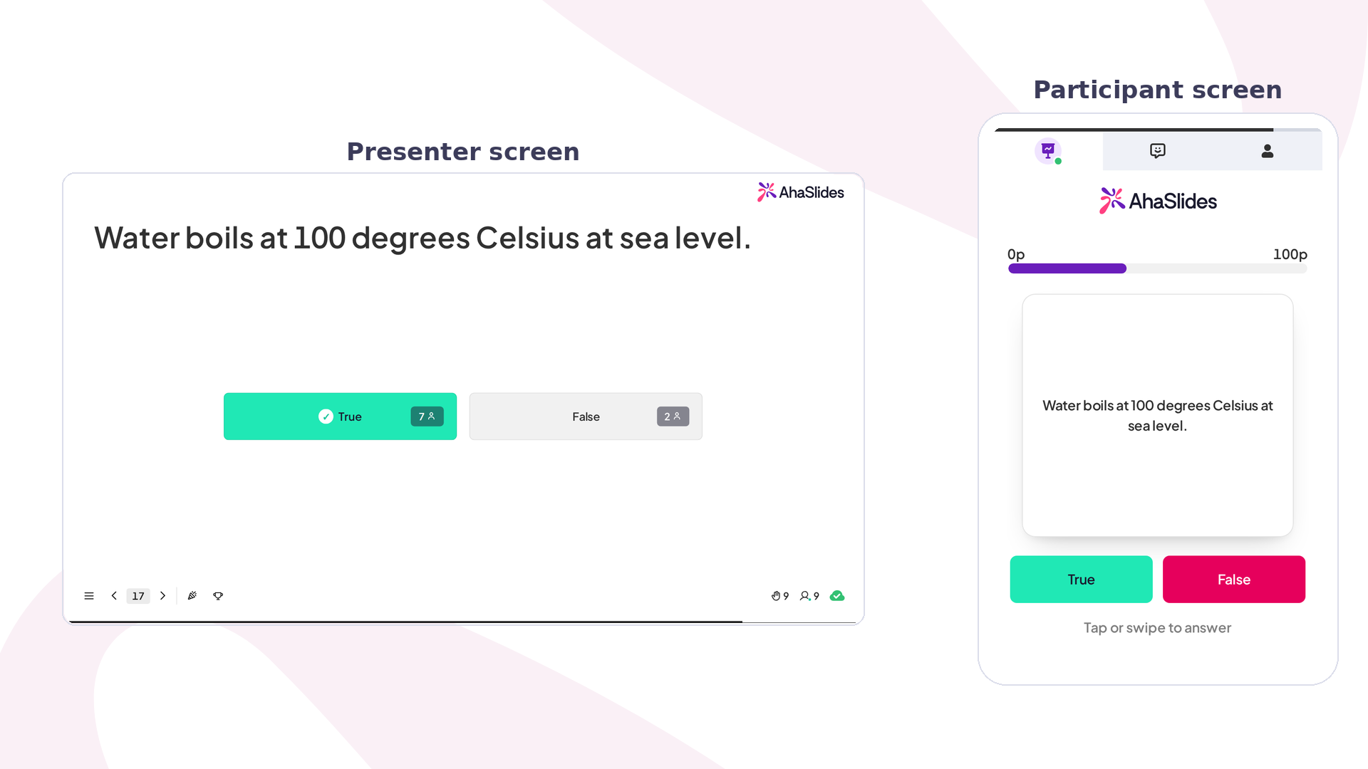 AhaSlides True or False: presenter screen reveals True as correct beside a participant phone with True and False buttons