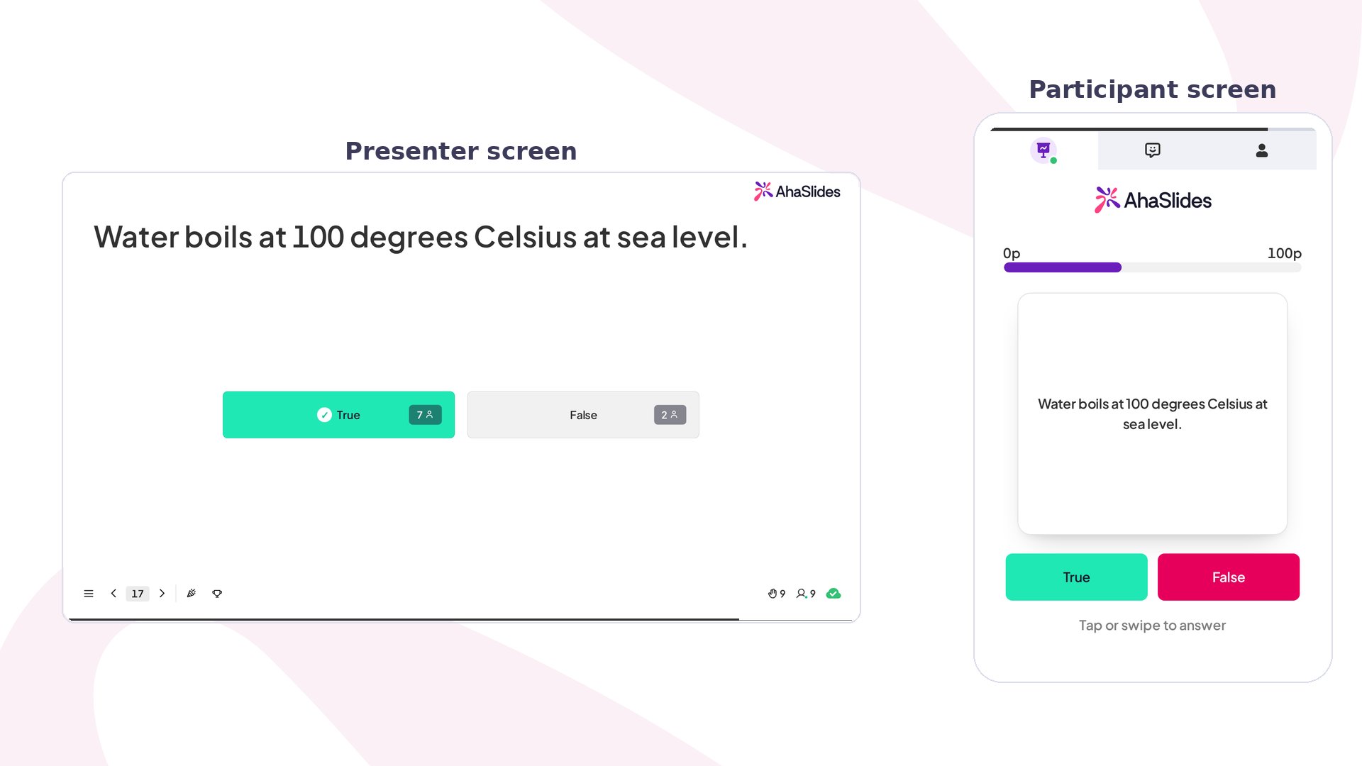 AhaSlides True or False: presenter screen reveals True as correct beside a participant phone with True and False buttons