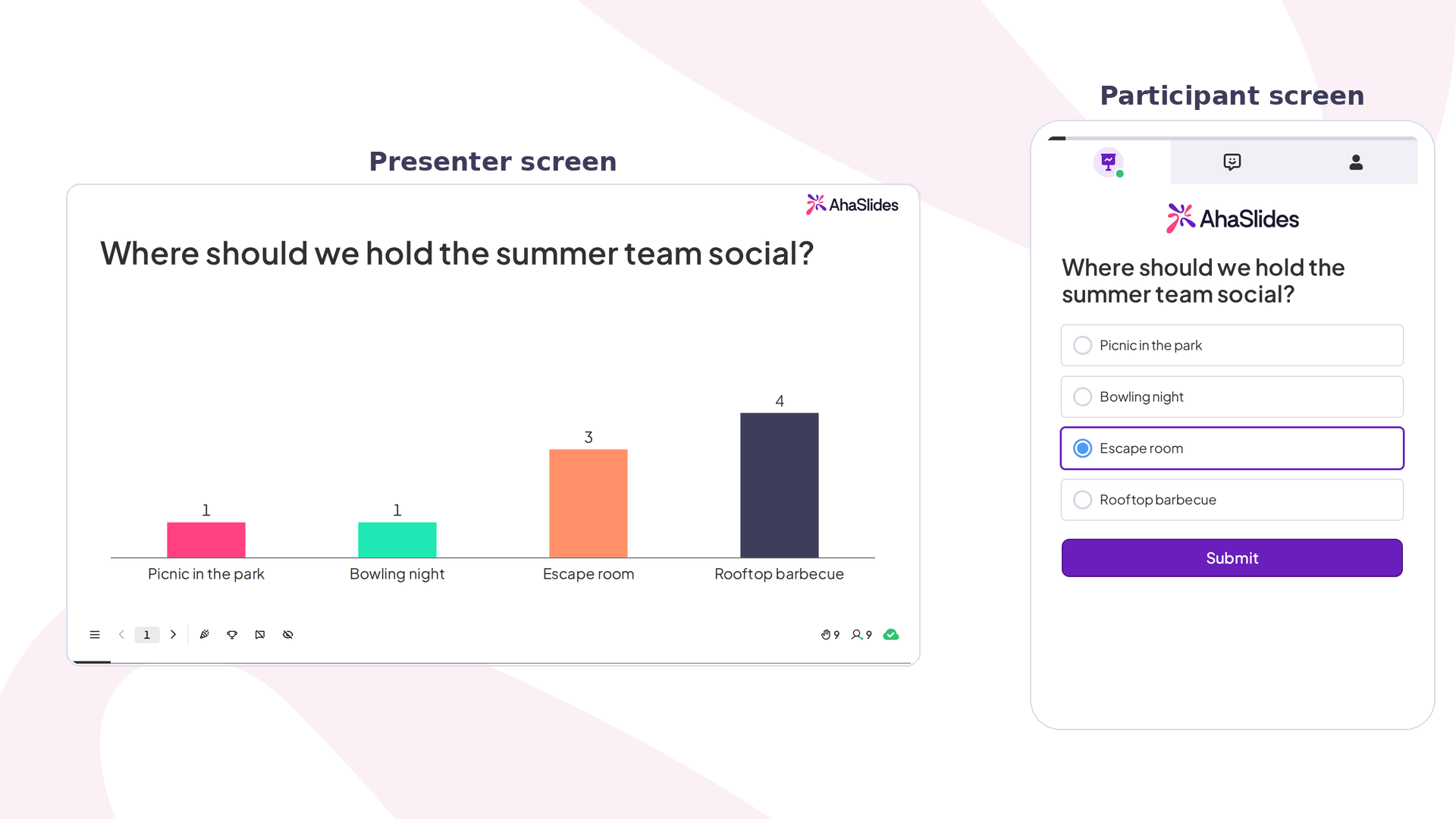 Una encuesta de AhaSlides durante una sesión en directo: el gráfico de barras del presentador se llena de votos junto al móvil de un participante que elige una respuesta