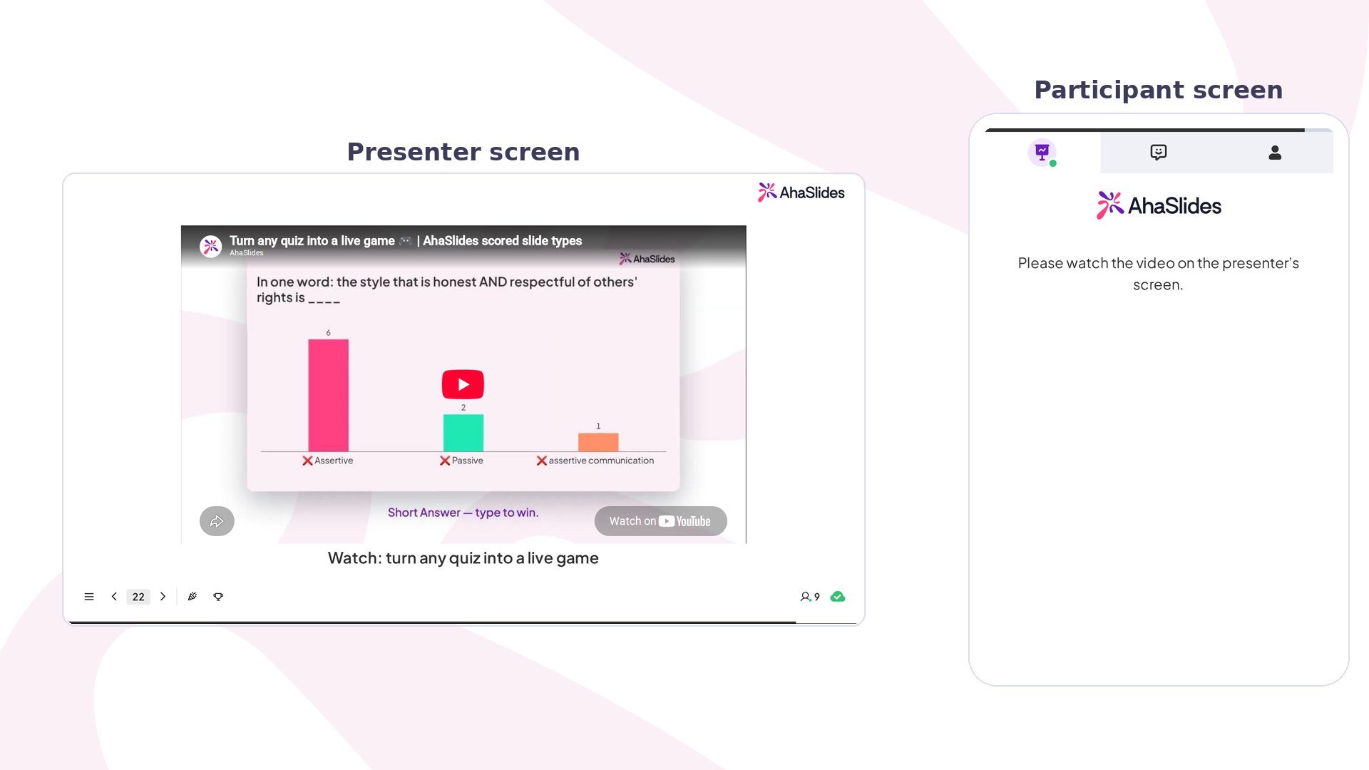 AhaSlides YouTube slide presented: video on the presenter screen, beside a phone asking to watch the shared screen