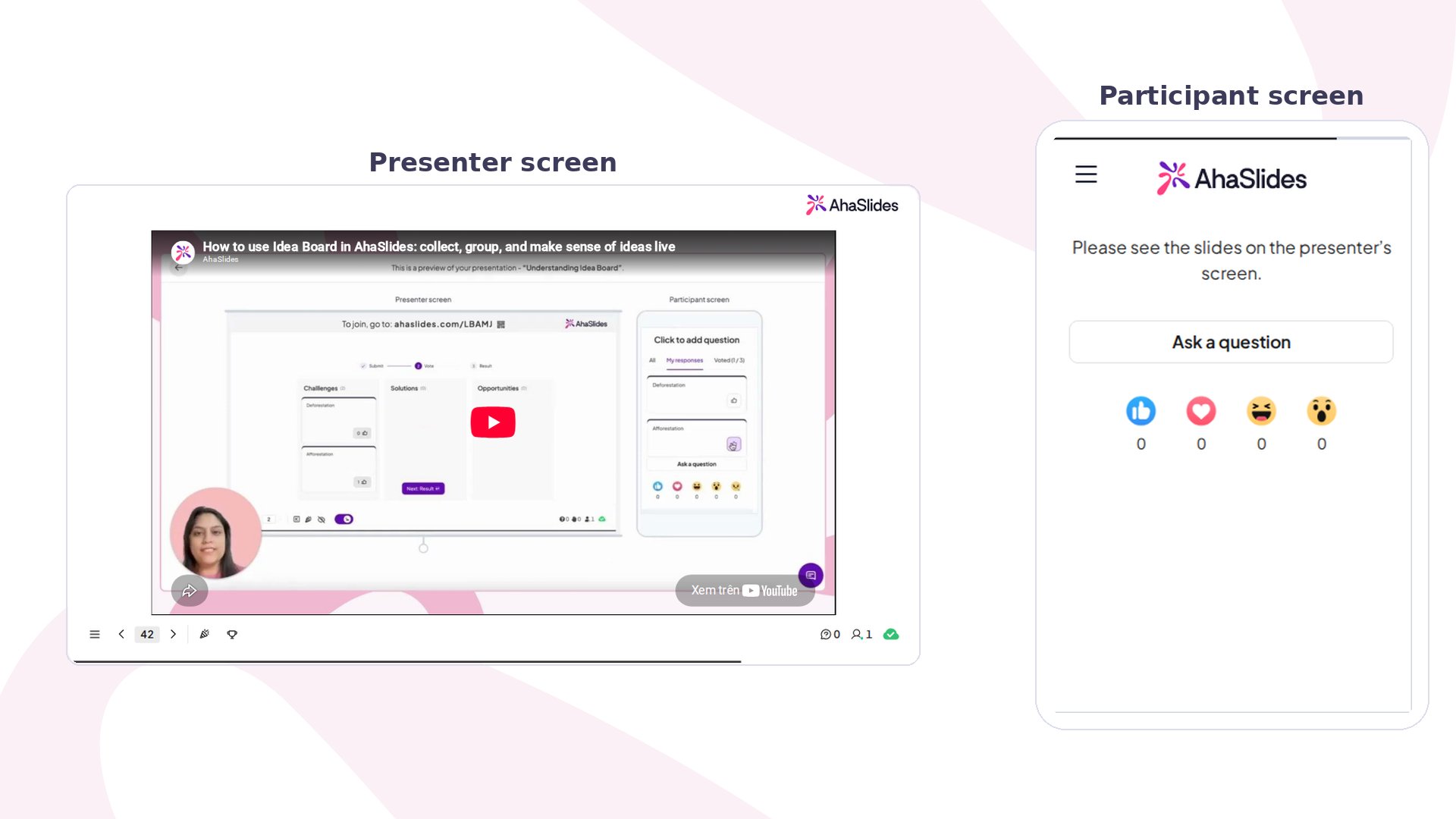 Slide Embed do AhaSlides apresentado: uma página da web na tela do apresentador, ao lado do celular de um participante pedindo para vê-la