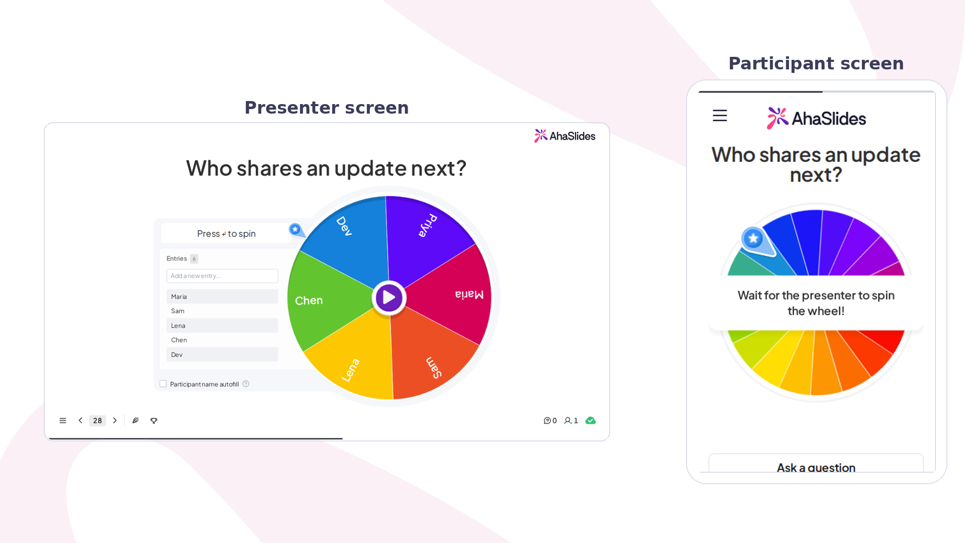 プレビューモードの AhaSlides Spinner Wheel。発表者画面と参加者のスマホ画面が並んで表示されている