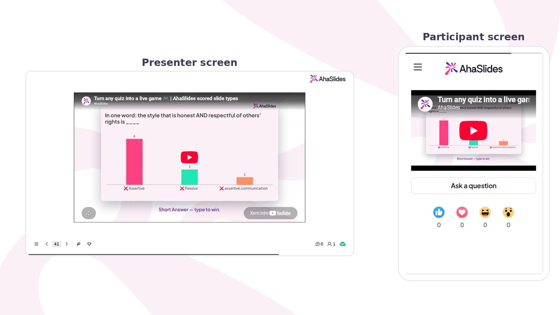 発表中の AhaSlides YouTube スライド。発表者の画面に動画が表示され、横のスマートフォンには共有画面の視聴を促す表示が出ている