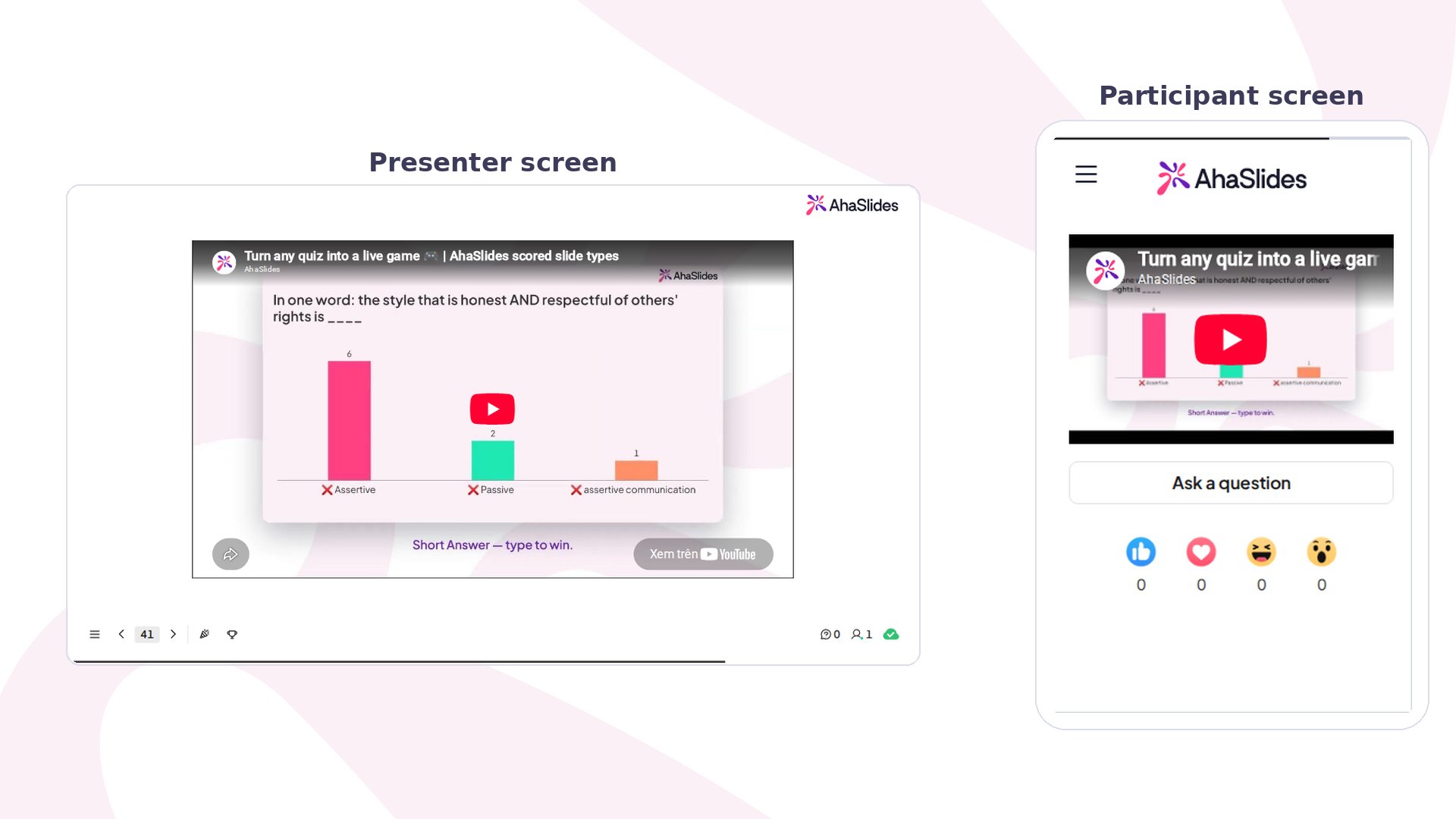 Slide YouTube do AhaSlides em apresentação: vídeo na tela do apresentador, ao lado de um celular pedindo para assistir à tela compartilhada