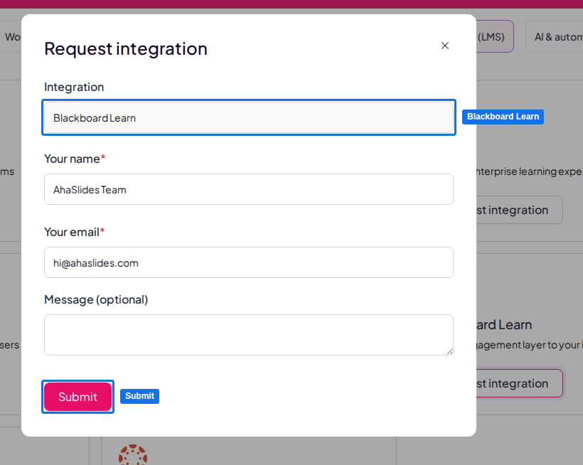 The Request integration form for Blackboard Learn in AhaSlides, with the Integration field and Submit button highlighted