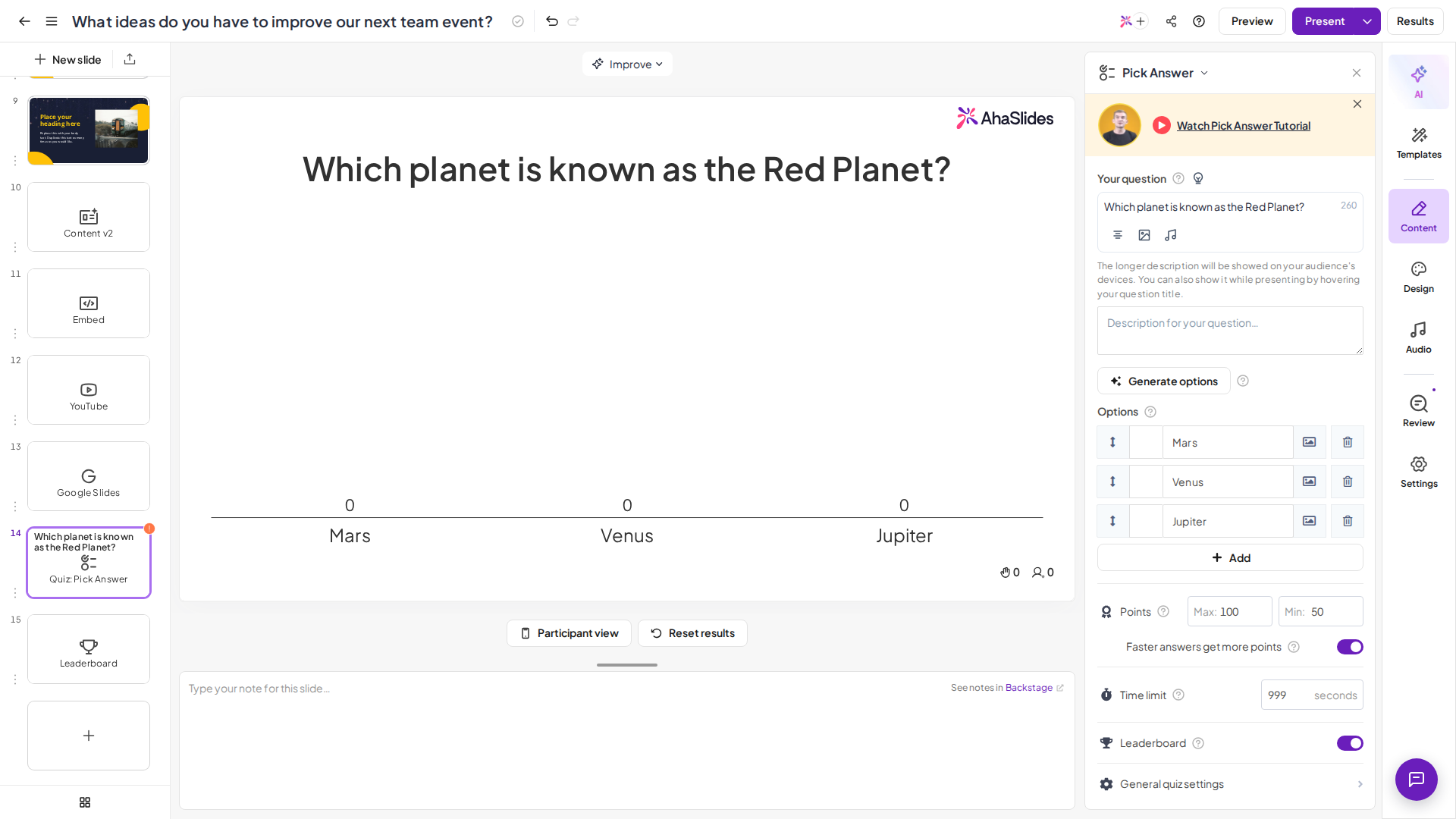 Une diapositive de quiz Pick Answer d'AhaSlides dans l'éditeur, avec les options de réponse, les points et l'interrupteur du classement