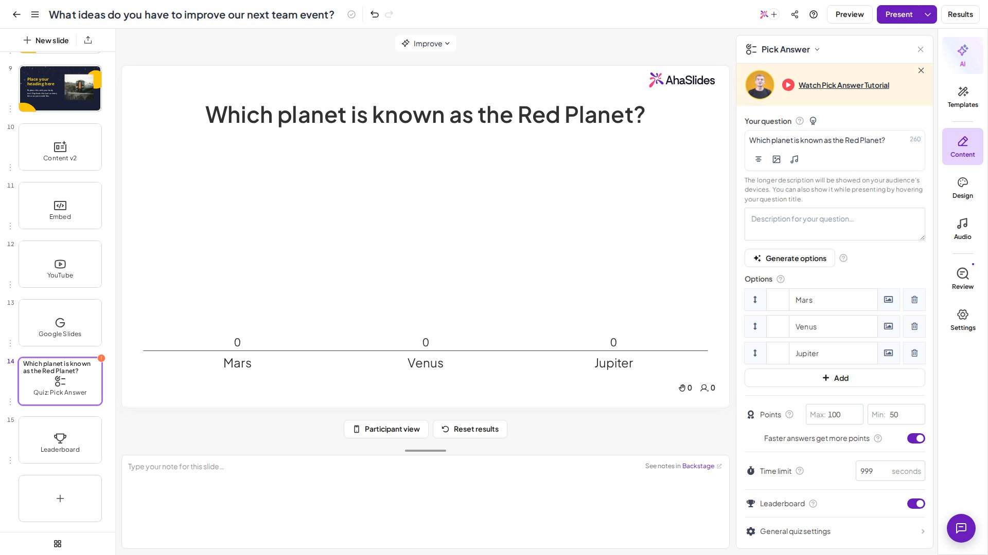 Una diapositiva de quiz Pick Answer de AhaSlides en el editor, con opciones de respuesta, puntos y el interruptor de la tabla de clasificación