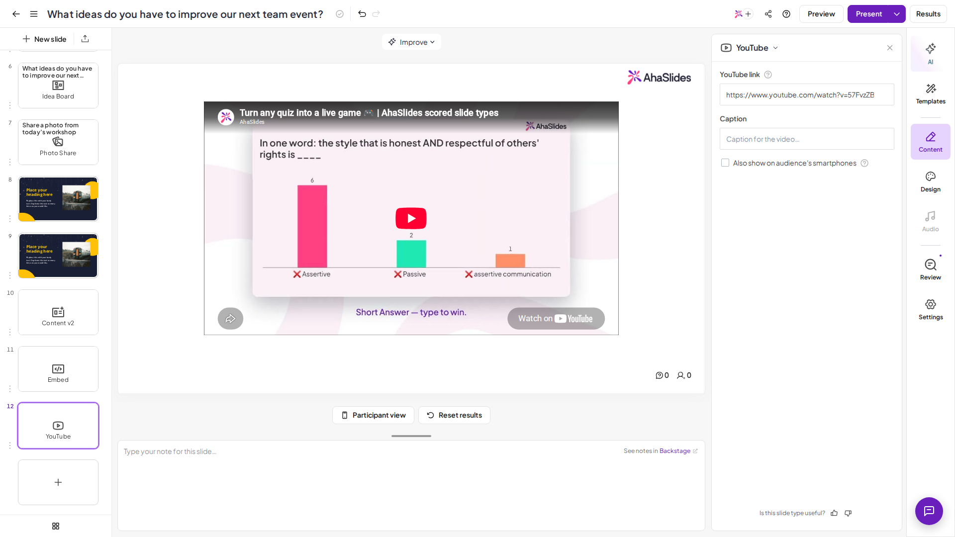 AhaSlides YouTube slide in the editor with a video link in the YouTube link field
