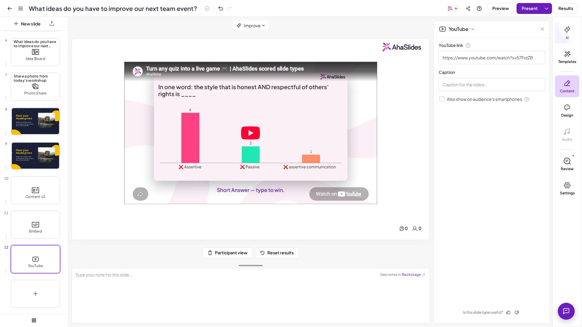 AhaSlides YouTube slide in the editor with a video link in the YouTube link field