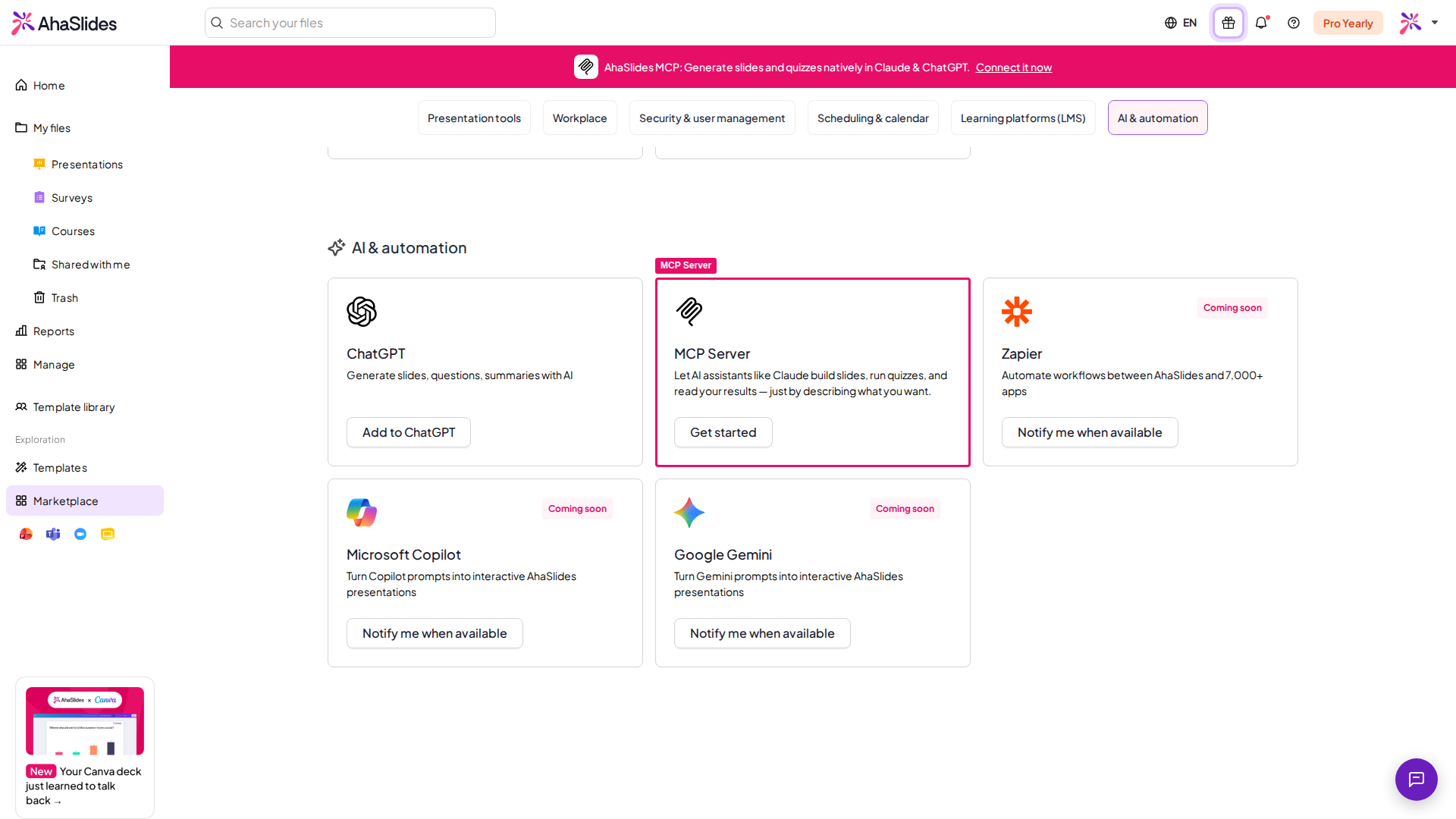 The AI & automation section of the AhaSlides Marketplace, with the MCP Server card highlighted