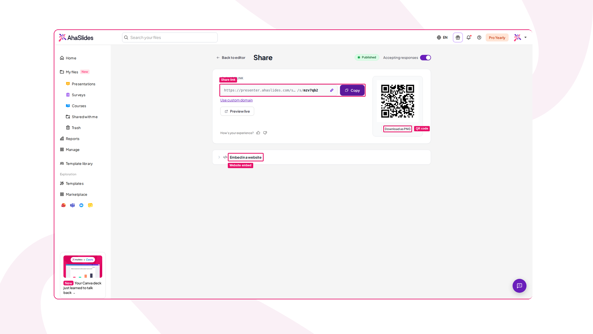 De pagina Delen van een AhaSlides-enquête met de deellink, QR-code en website-insluiting gemarkeerd