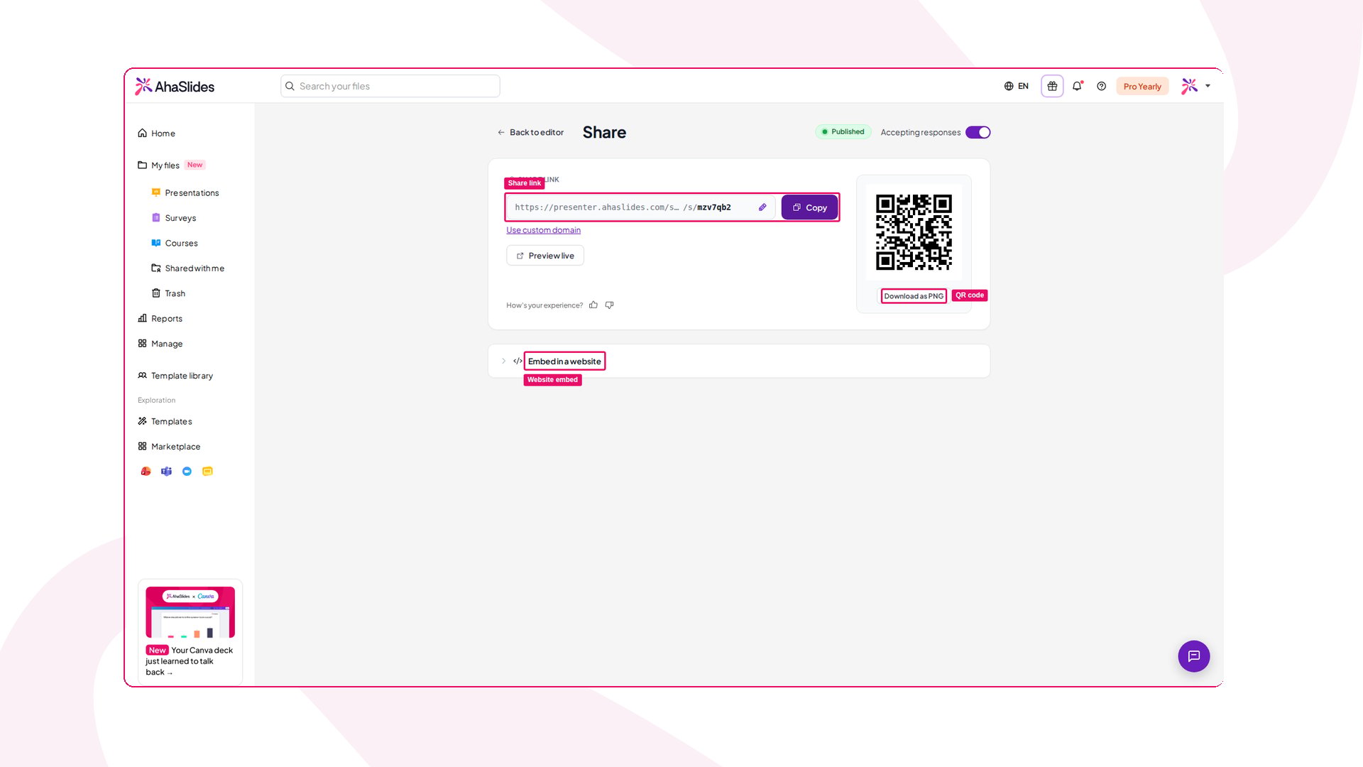 De pagina Delen van een AhaSlides-enquête met de deellink, QR-code en website-insluiting gemarkeerd