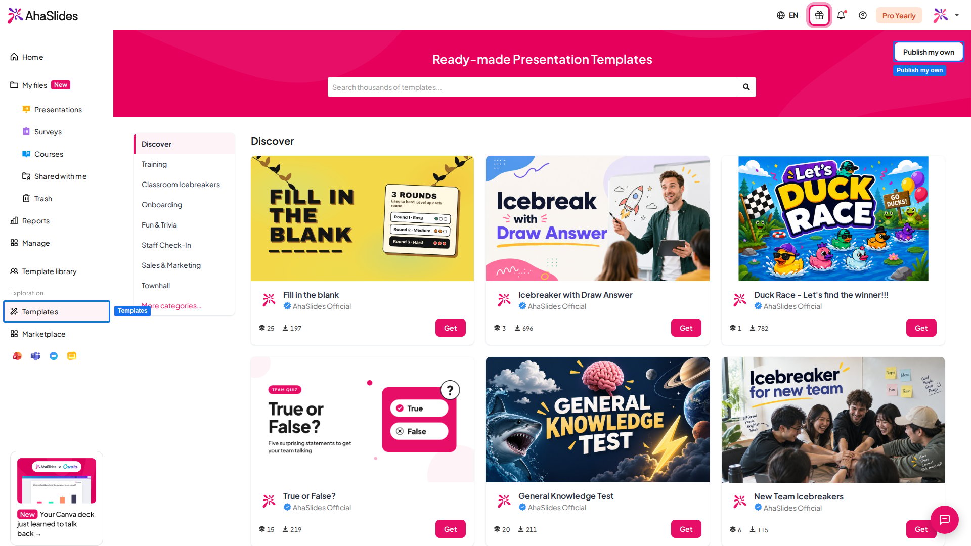 The AhaSlides Templates page with Templates in the left sidebar and the Publish my own button highlighted
