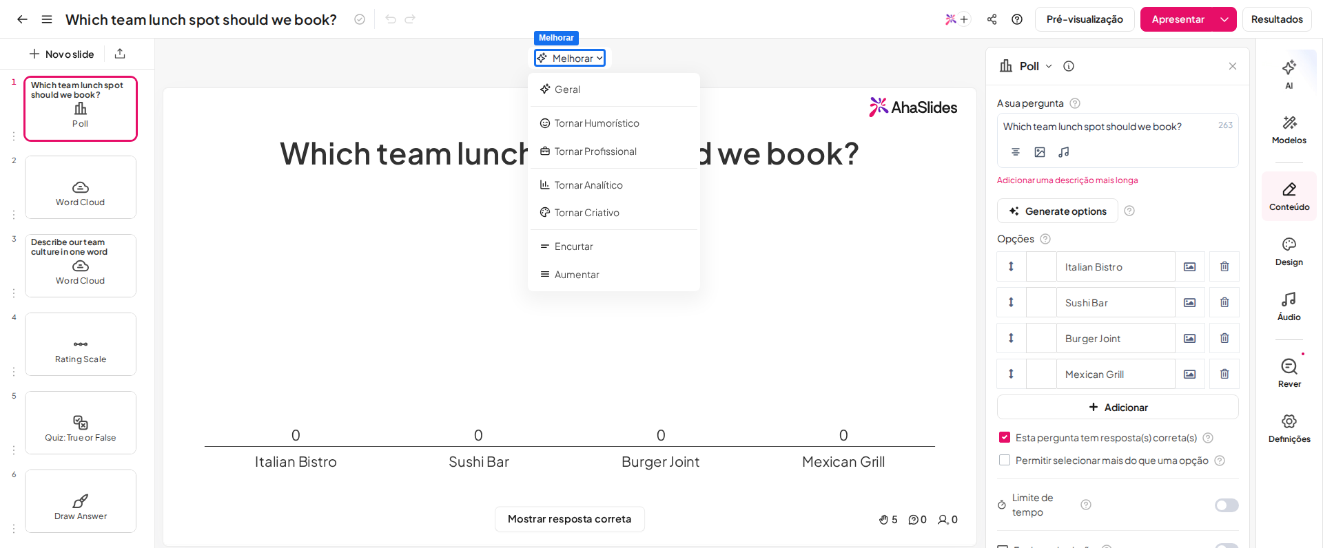 O menu Melhorar aberto no editor do AhaSlides, com as opções de tom, estilo e comprimento para refinar o texto do slide