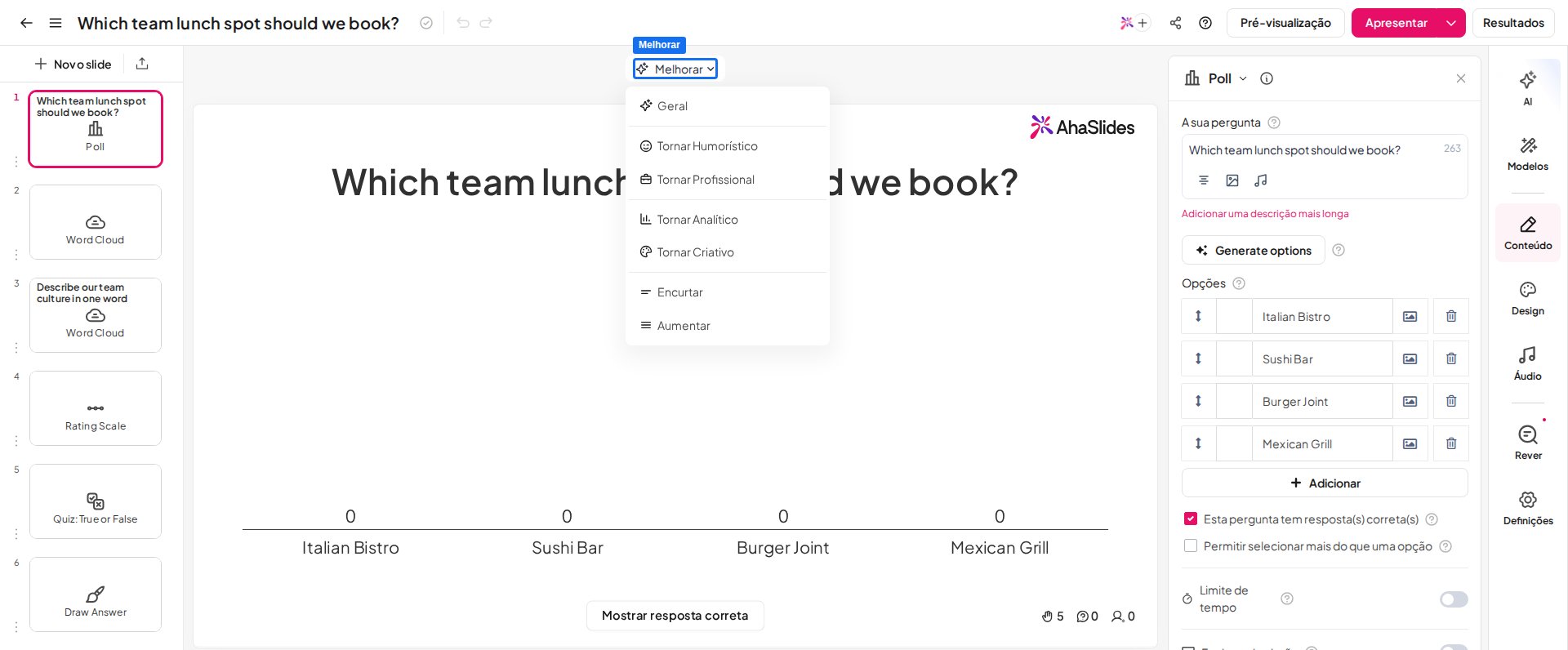 O menu Melhorar aberto no editor do AhaSlides, com as opções de tom, estilo e comprimento para refinar o texto do slide