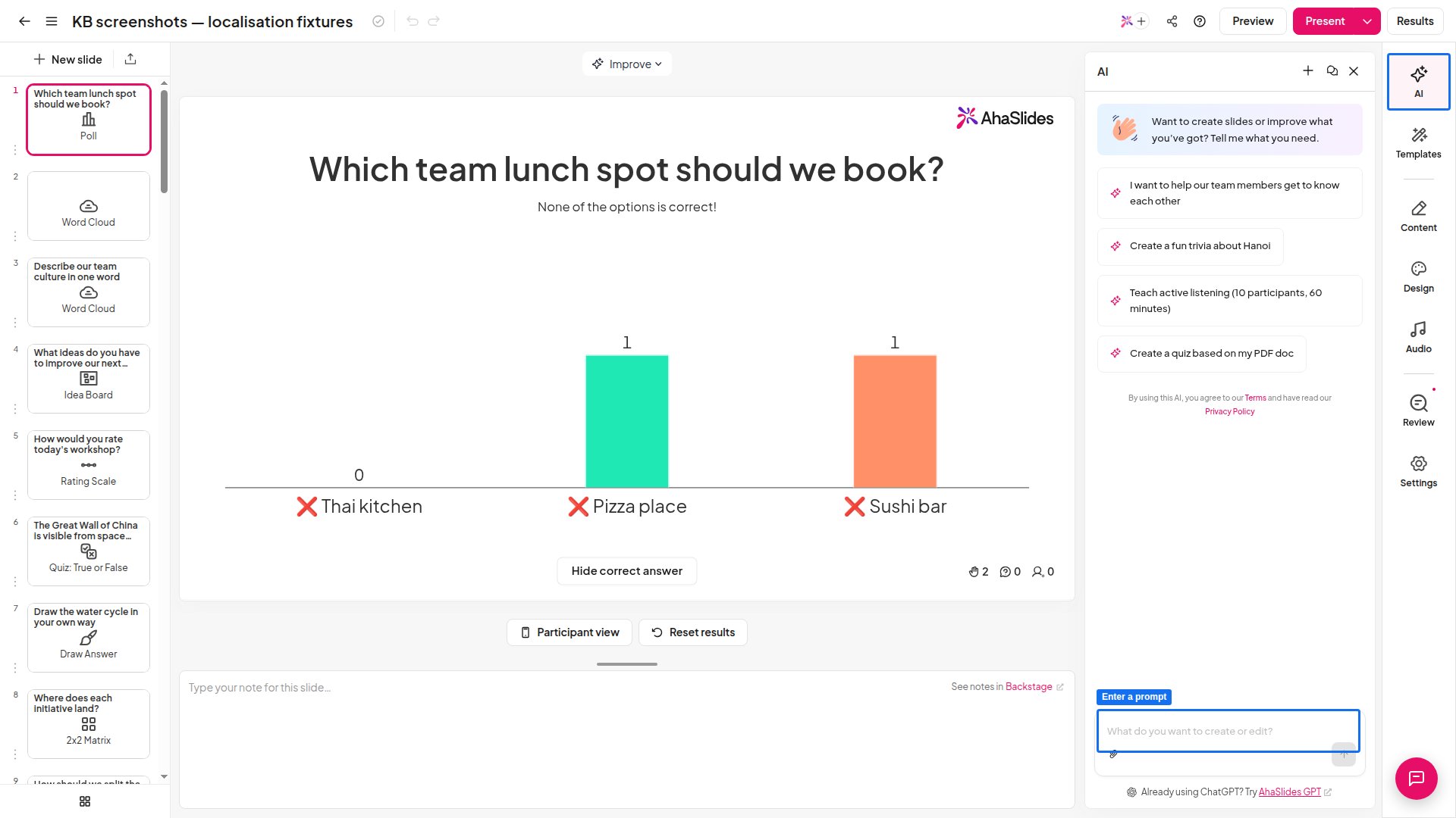The AI Panel open on the right of the AhaSlides editor, with the AI button and the prompt box highlighted