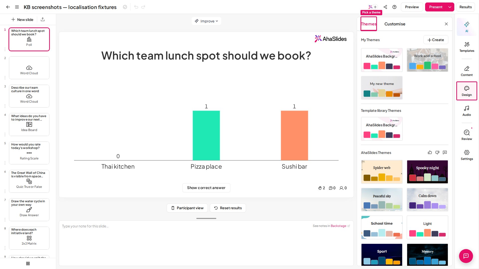 L'editor di AhaSlides con la scheda Progetto aperta sul pannello Temi, che mostra le opzioni di temi già pronti