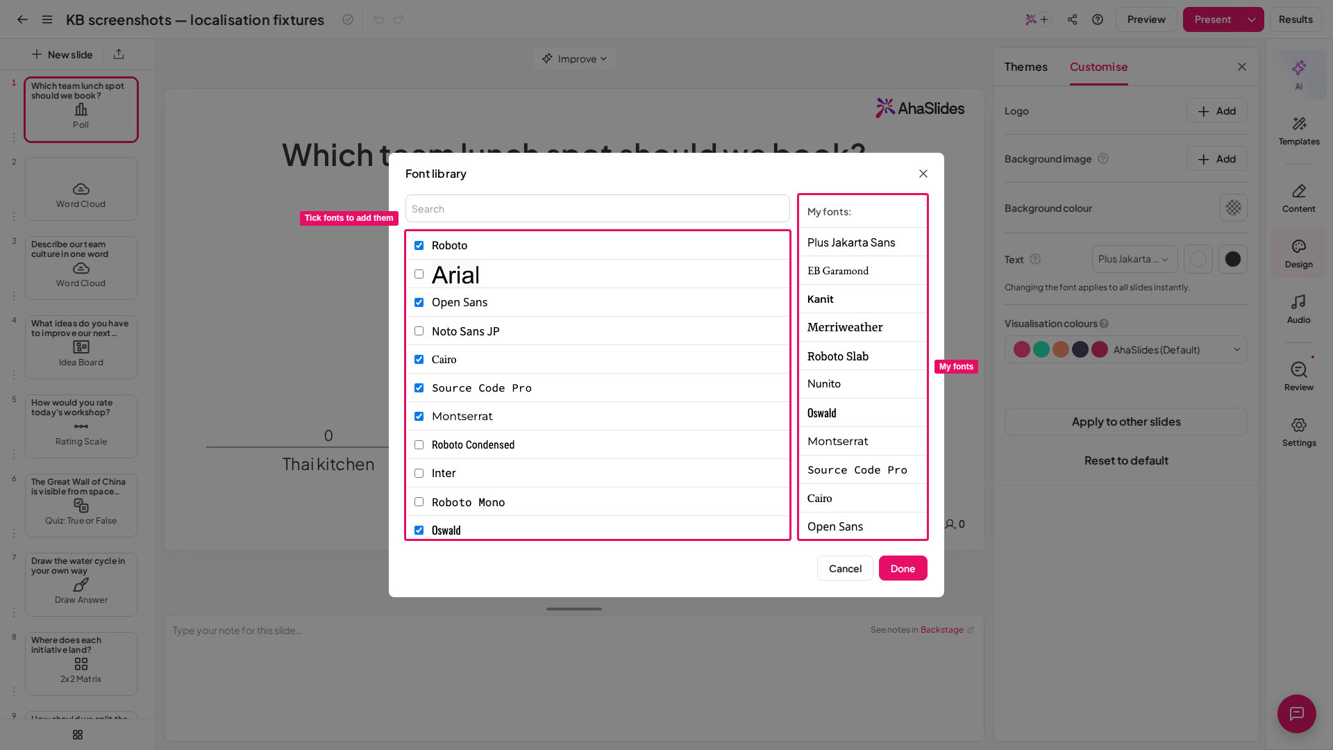 A biblioteca de fontes do AhaSlides, com as fontes para marcar à esquerda e as fontes escolhidas reunidas na coluna My fonts à direita