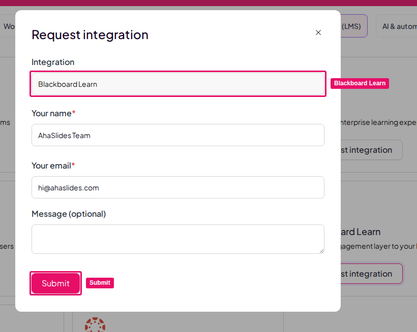 Het formulier Request integration voor Blackboard Learn in AhaSlides, met het veld Integration en de knop Indienen (Submit) gemarkeerd