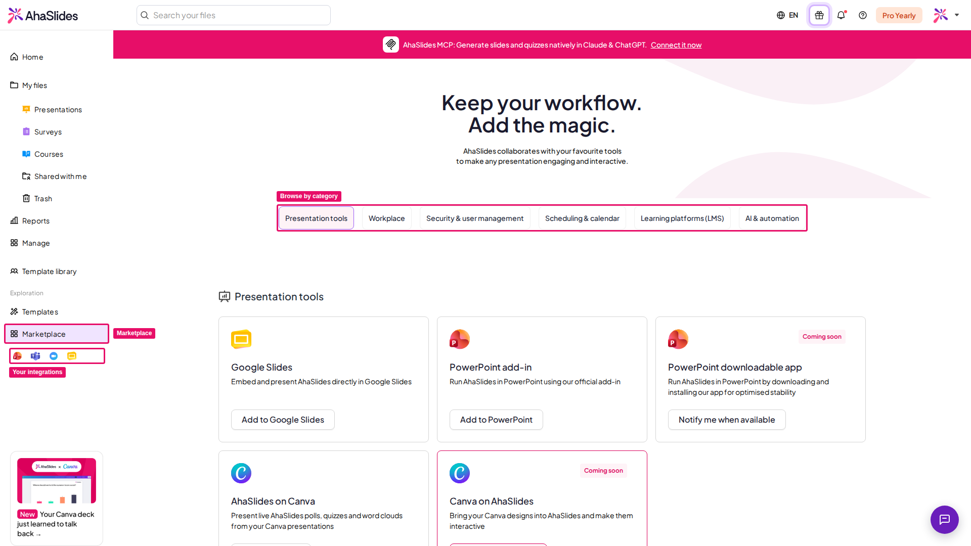 The AhaSlides Marketplace page, with the Marketplace link, sidebar integration shortcuts and category tabs highlighted