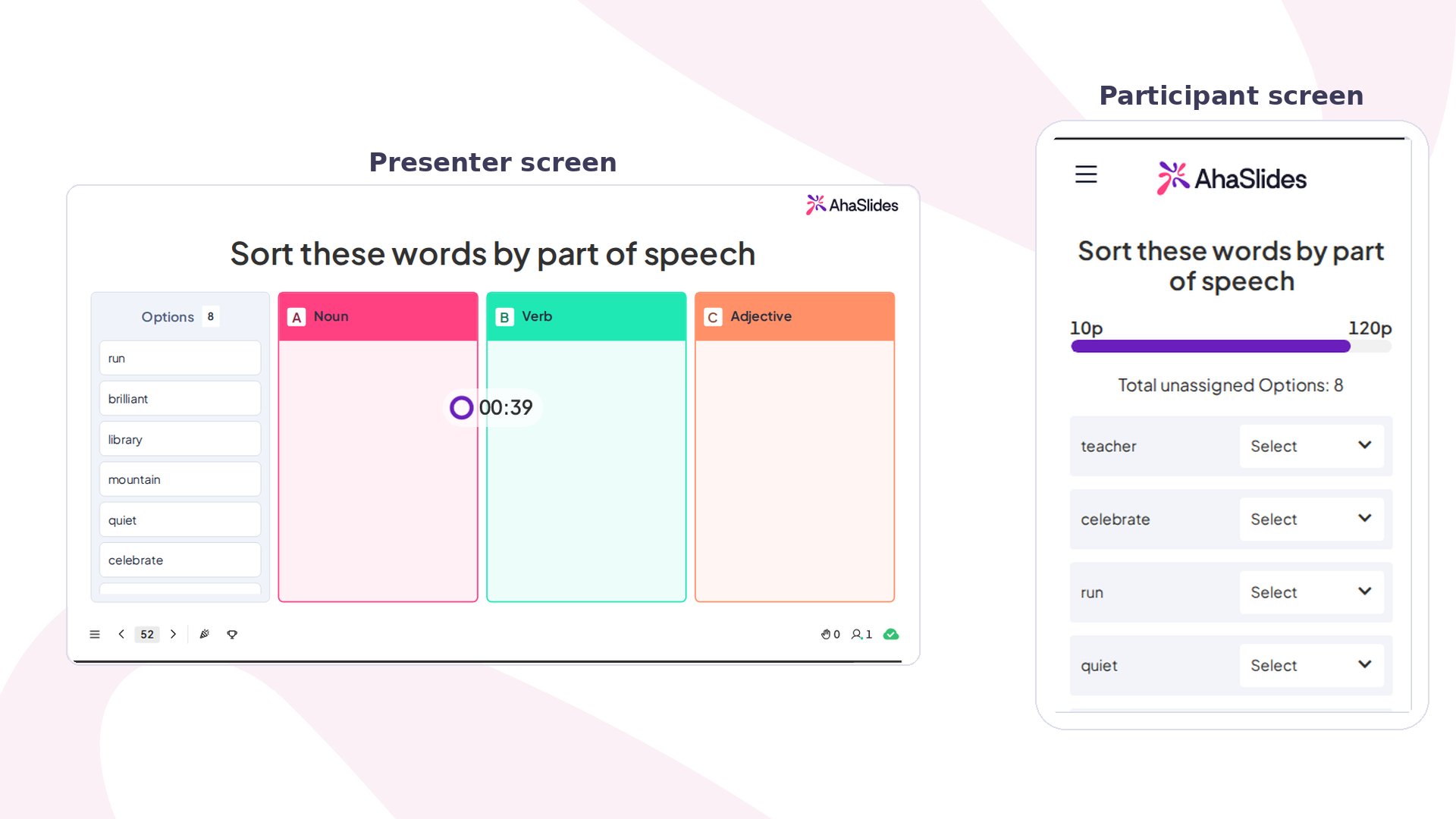 Quiz Categorise AhaSlides na żywo: ekran prezentera pokazuje kolumny Noun, Verb i Adjective, obok telefon z menu do sortowania słów