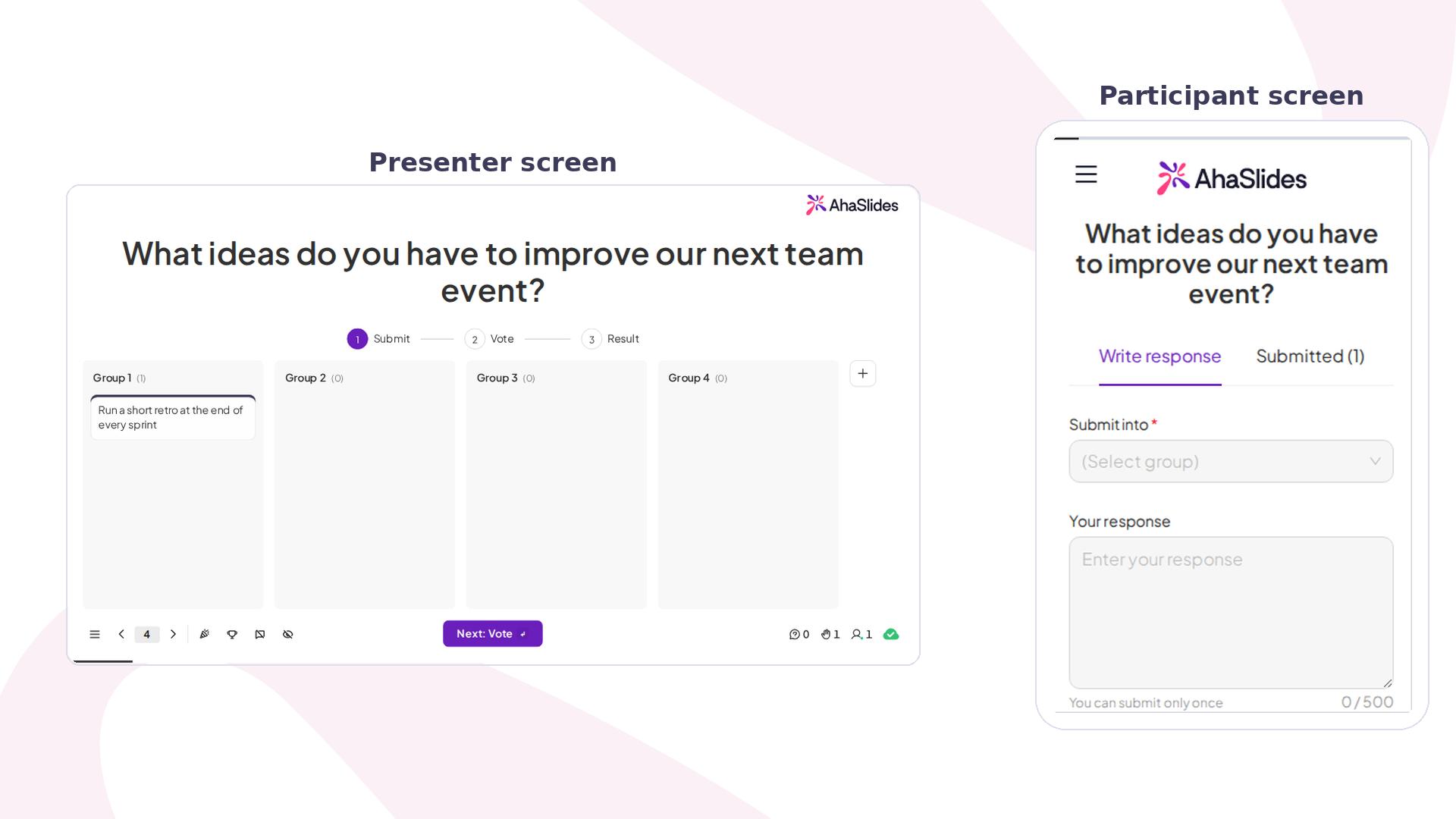 AhaSlides Idea Board na etapa de envio: tela do apresentador com ideias em grupos, ao lado de um celular com o formulário de resposta