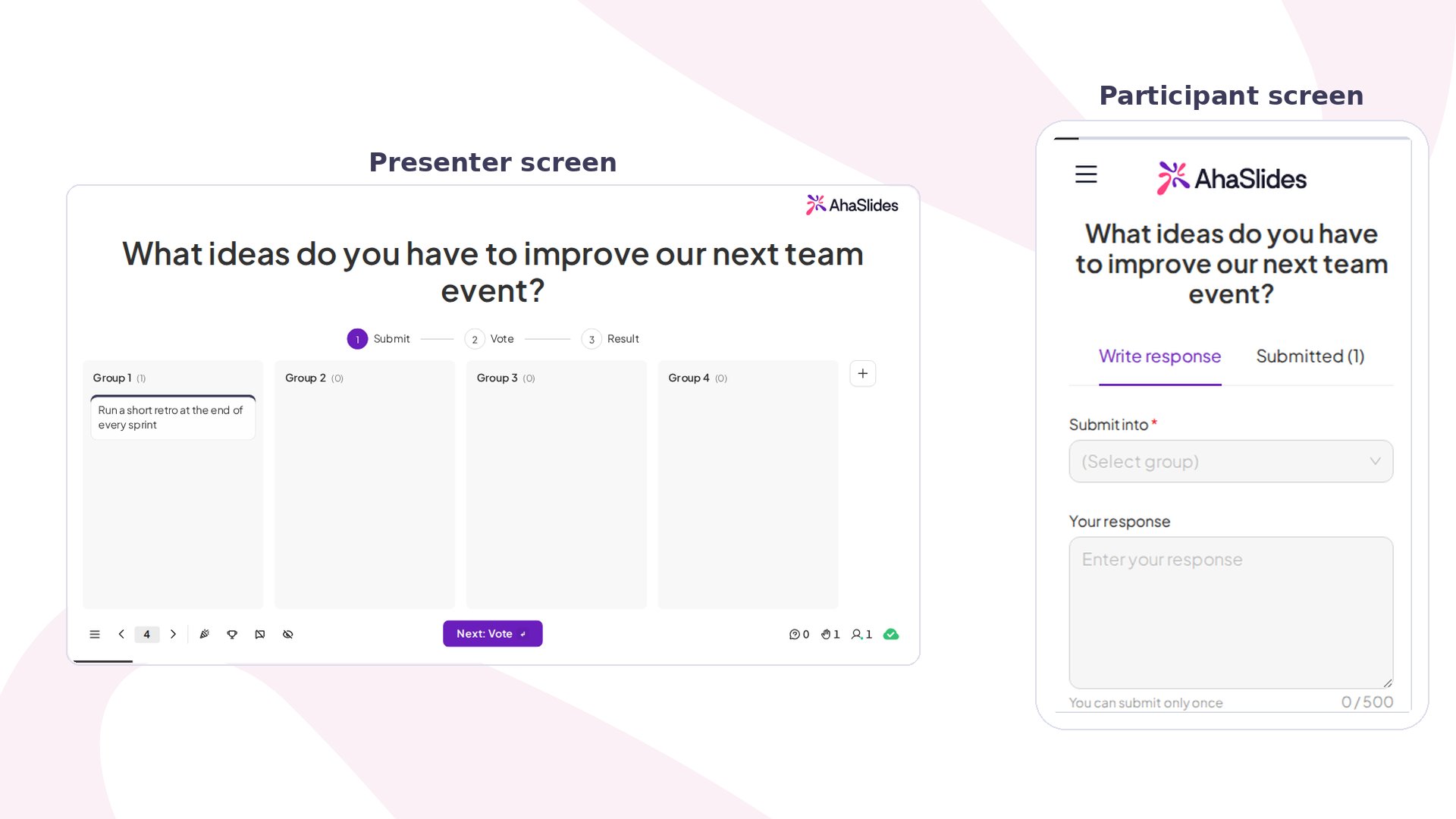 AhaSlides Idea Board im Schritt „Einreichen“: Präsentatorbildschirm mit Ideen in Gruppen, neben einem Smartphone mit dem Antwortformular