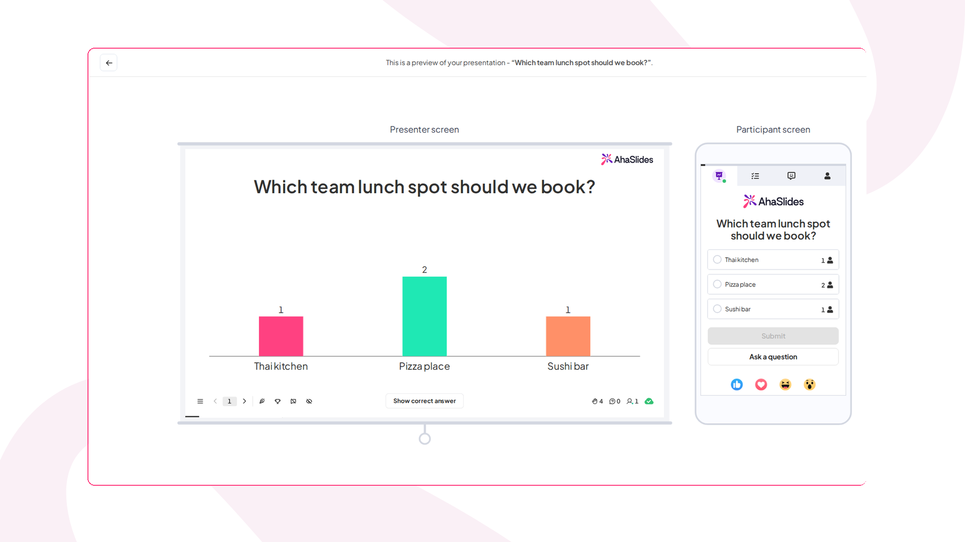 La pantalla del presentador de AhaSlides junto a la pantalla del participante, tal como la ven los participantes de Microsoft Teams durante una encuesta