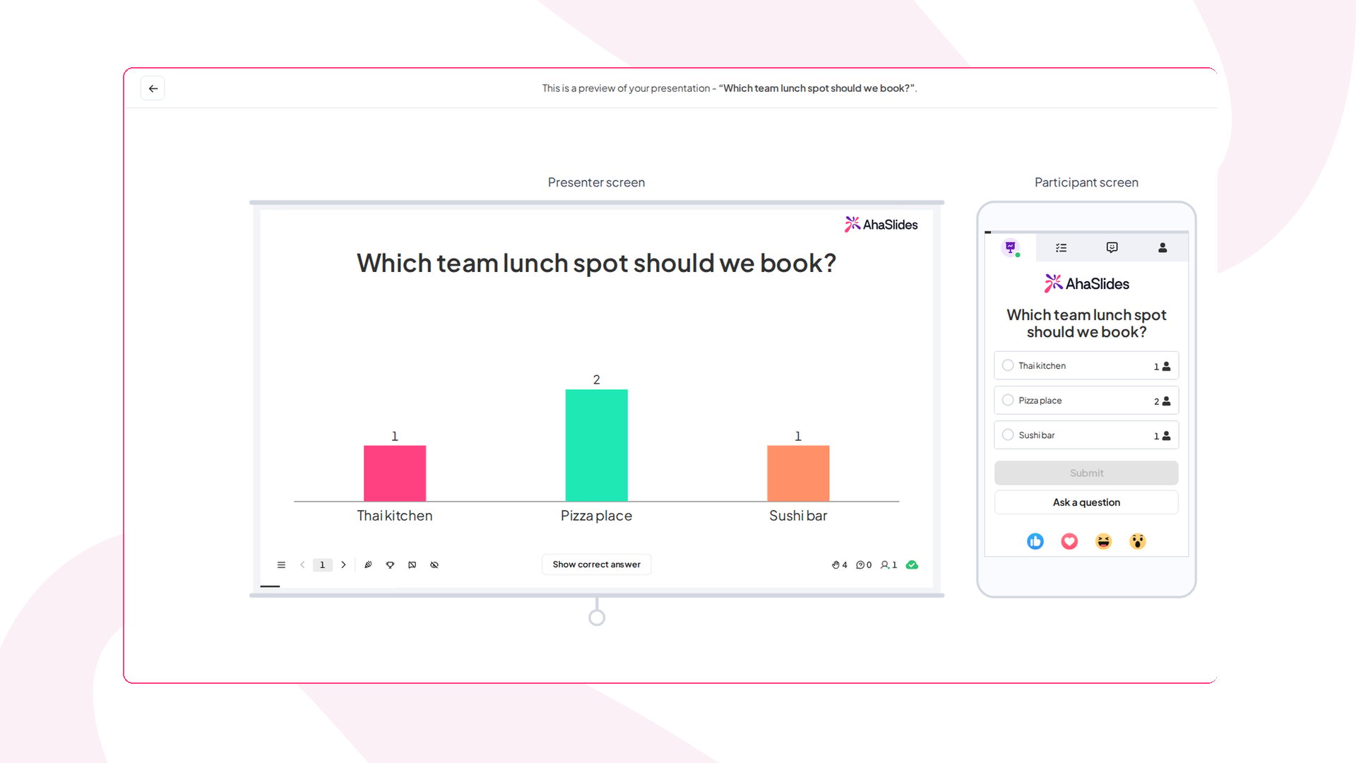 La pantalla del presentador de AhaSlides junto a la pantalla del participante, tal como la ven los participantes de Microsoft Teams durante una encuesta