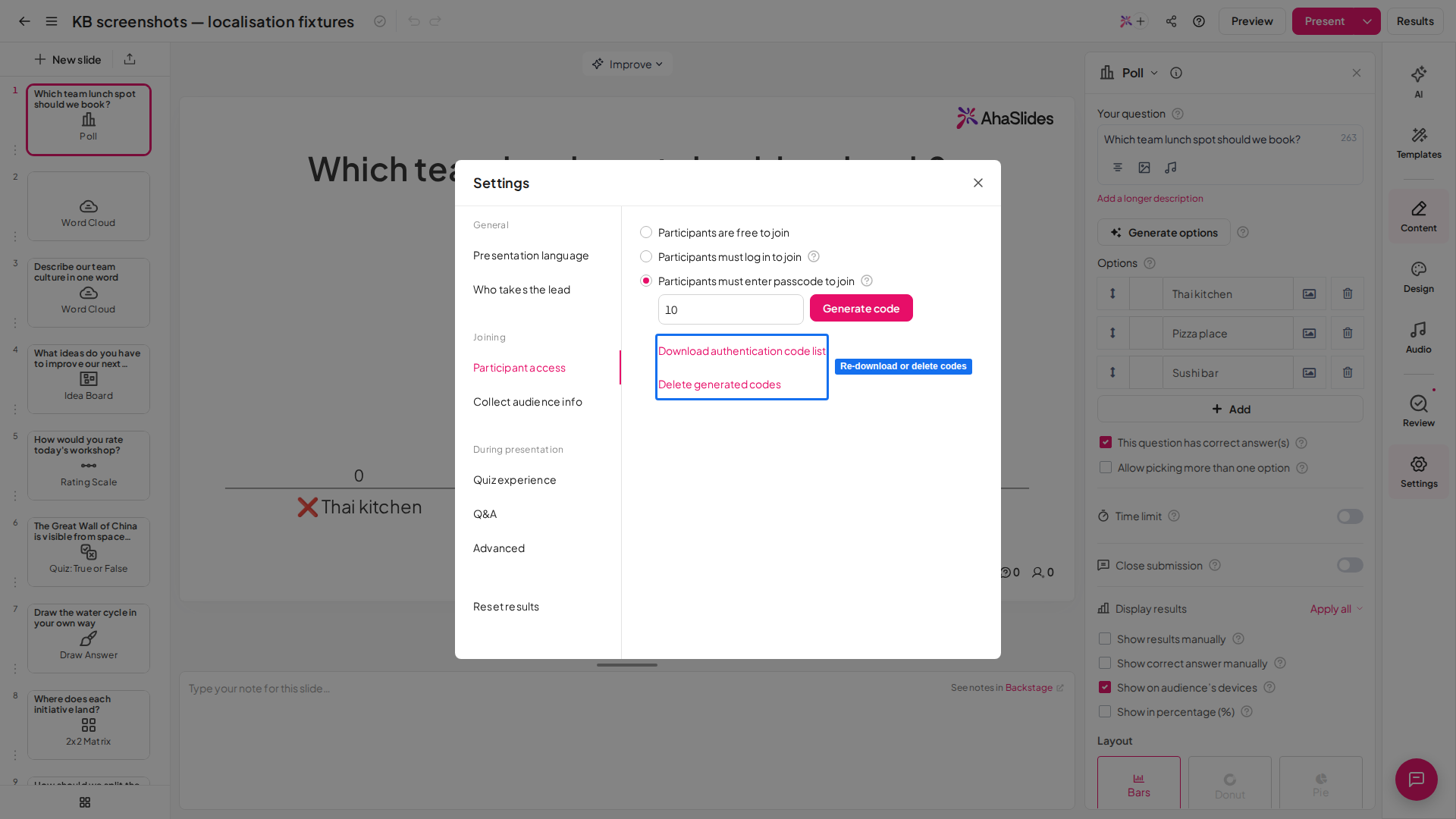 Participant access nelle impostazioni di AhaSlides con Download authentication code list e Delete generated codes evidenziati