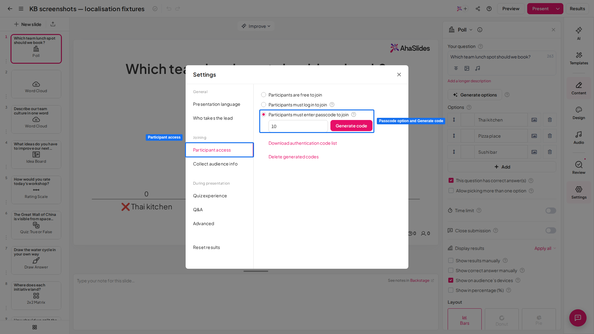 Participant access nelle impostazioni di AhaSlides con l'opzione del codice di accesso, la casella del numero di partecipanti e Generate code evidenziati
