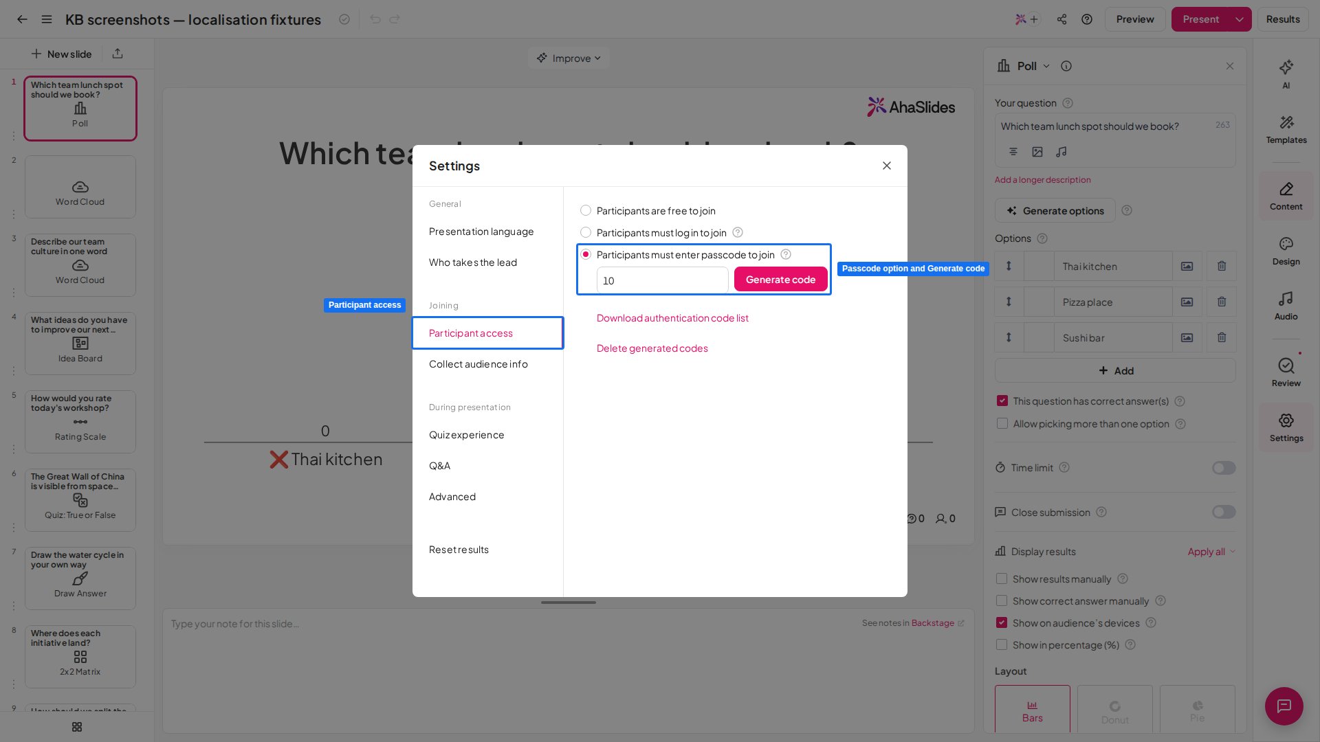 Participant access nelle impostazioni di AhaSlides con l'opzione del codice di accesso, la casella del numero di partecipanti e Generate code evidenziati