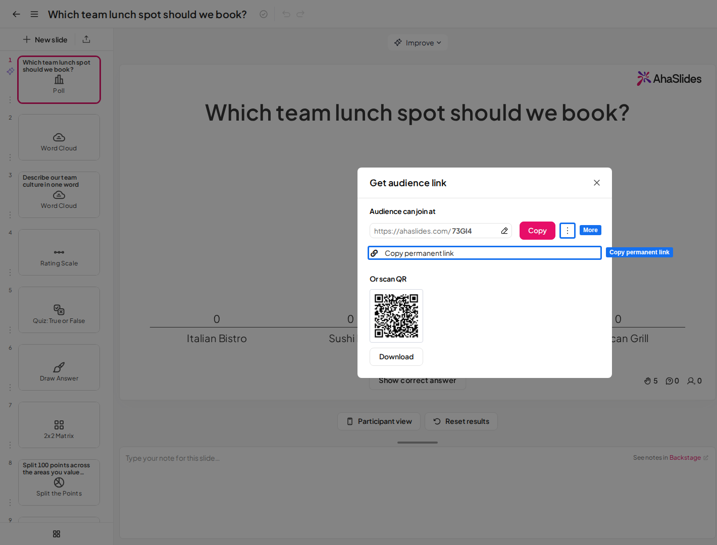 A janela Obter link do público no AhaSlides com o menu de três pontos ao lado de Copiar aberto e Copiar link permanente destacado