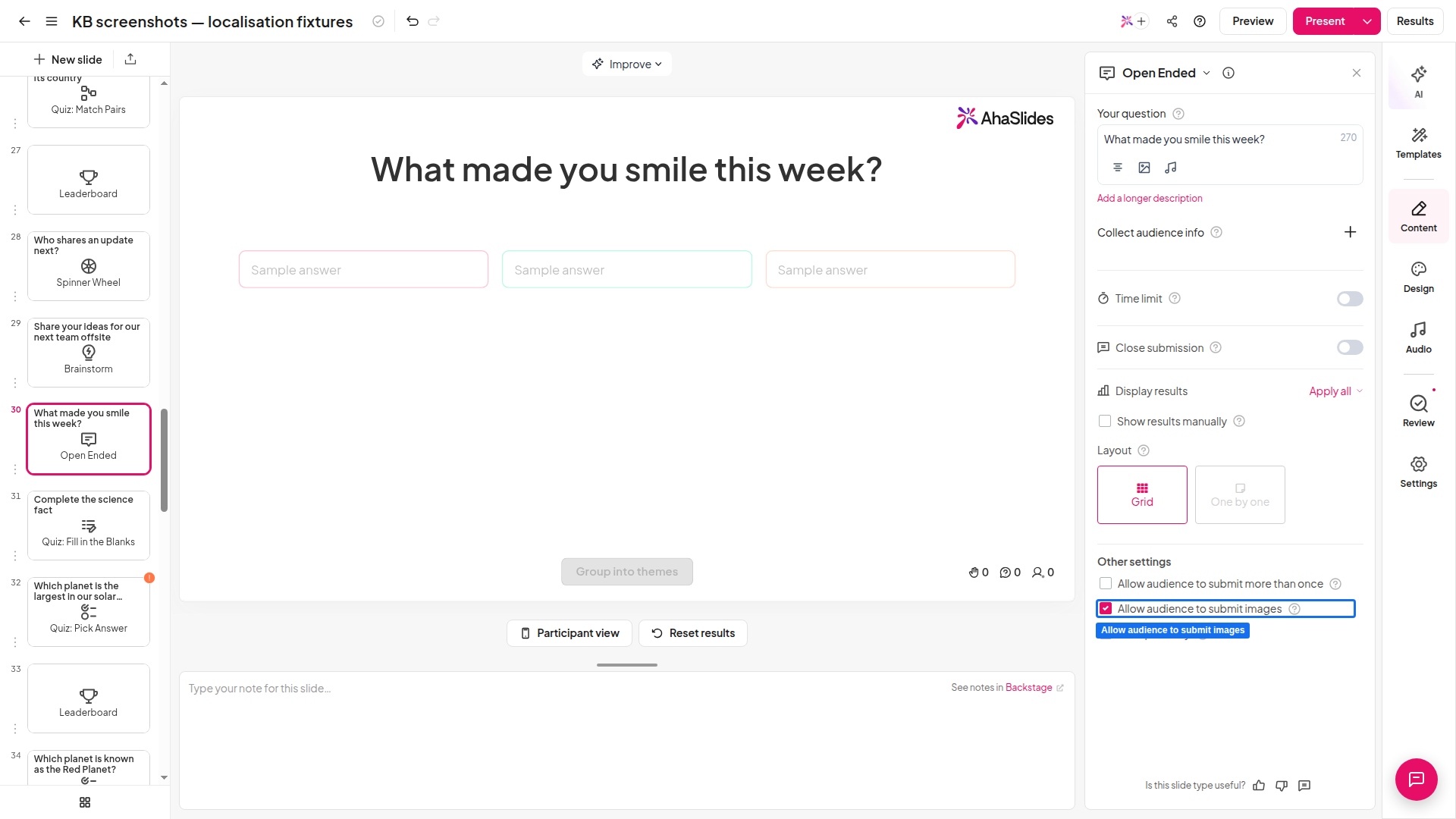 Le impostazioni della slide Open Ended nell'editor di AhaSlides con la casella Allow audience to submit images evidenziata