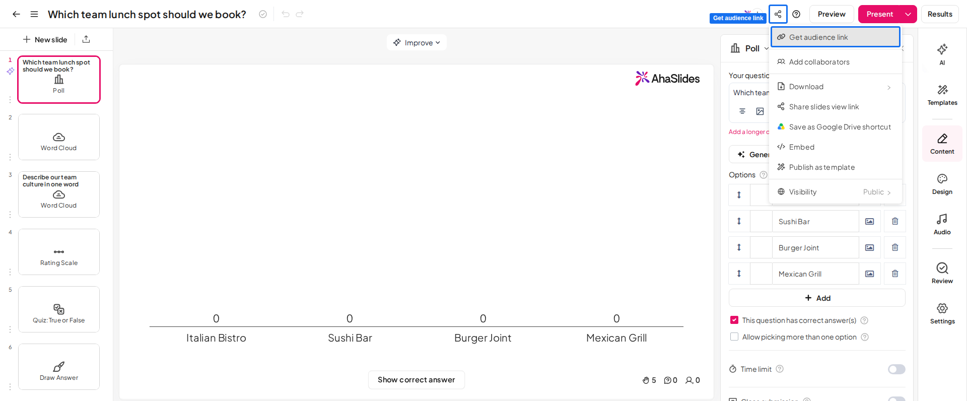 O menu Partilhar no editor do AhaSlides com Obter link do público destacado