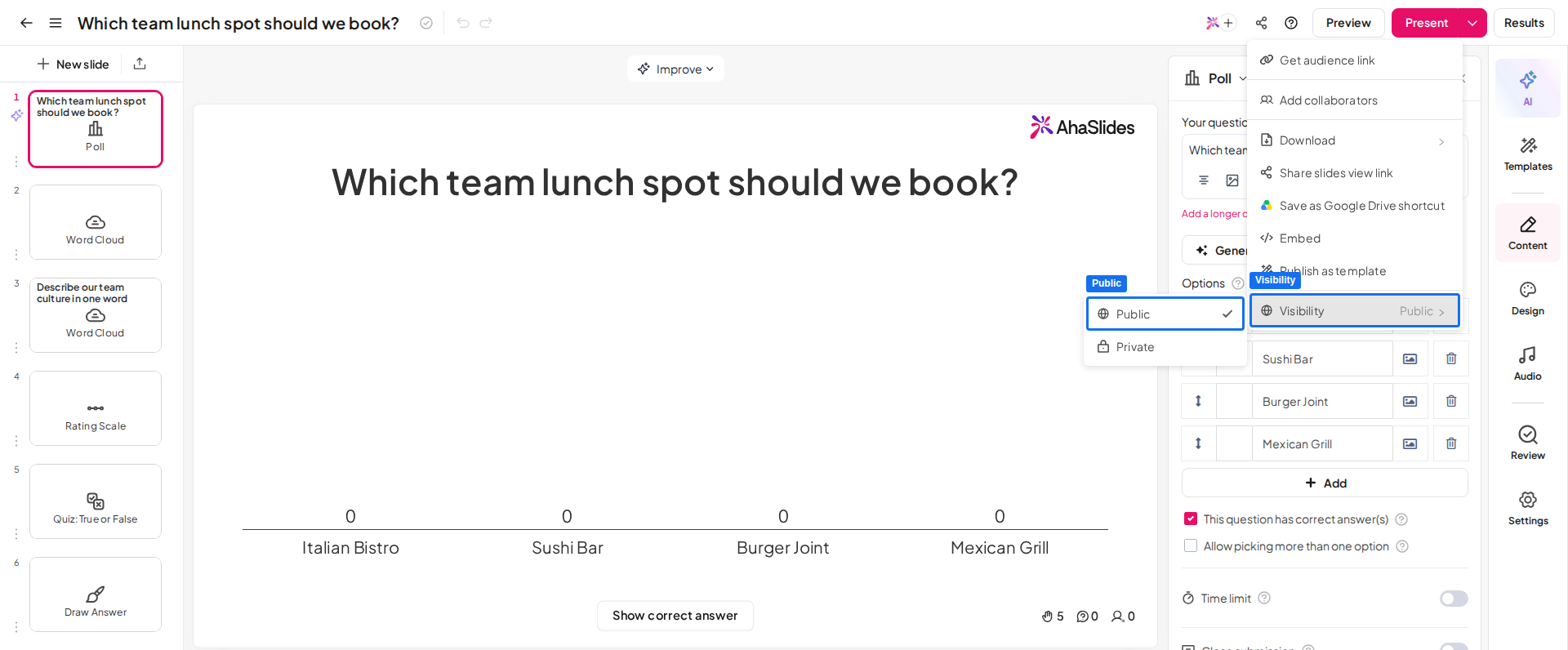 Il menu Condividi di AhaSlides con Visibilità aperto e Pubblico evidenziato