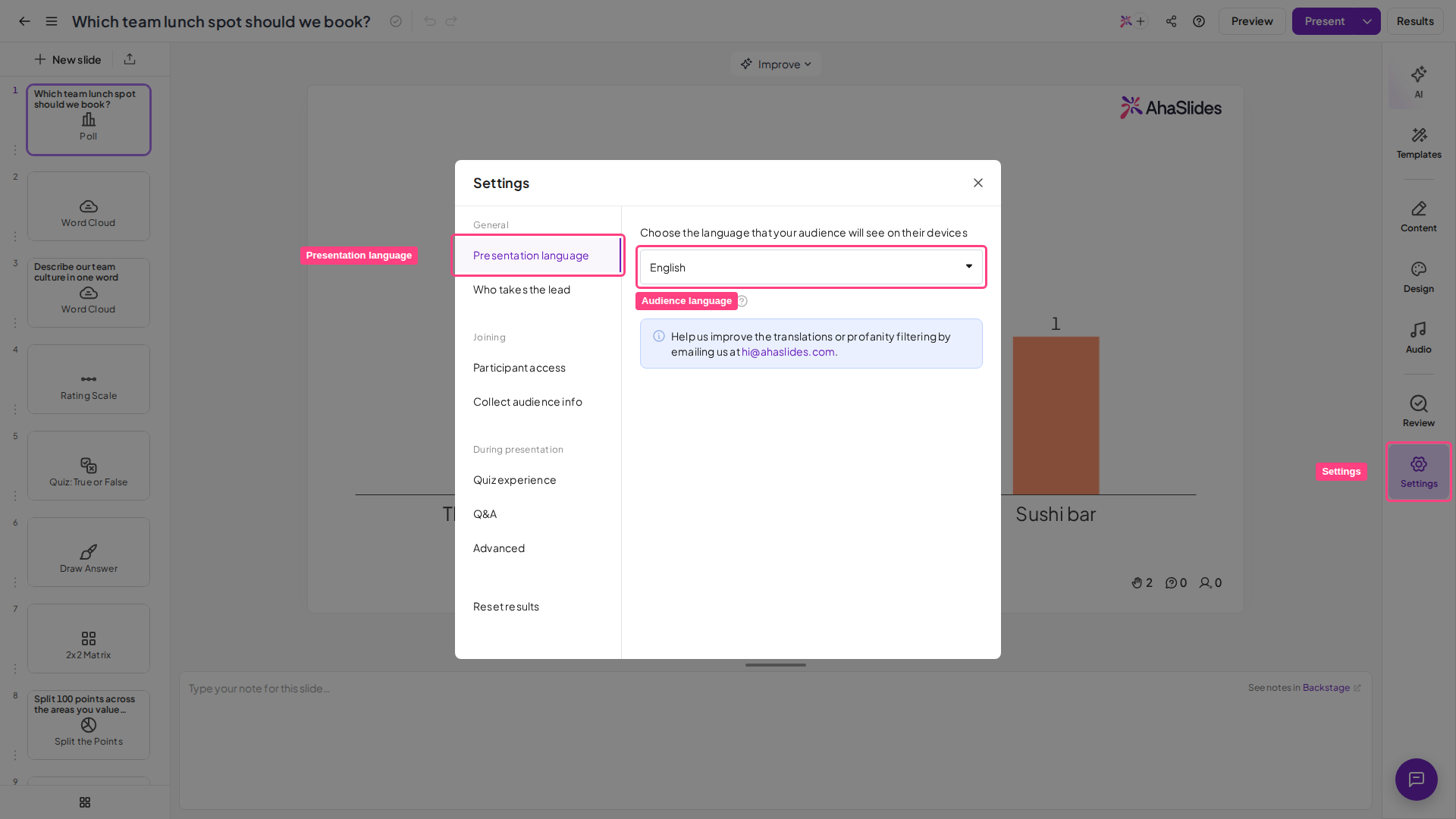 La configuración de la presentación de AhaSlides con Presentation language seleccionado y el menú desplegable del idioma del público resaltado