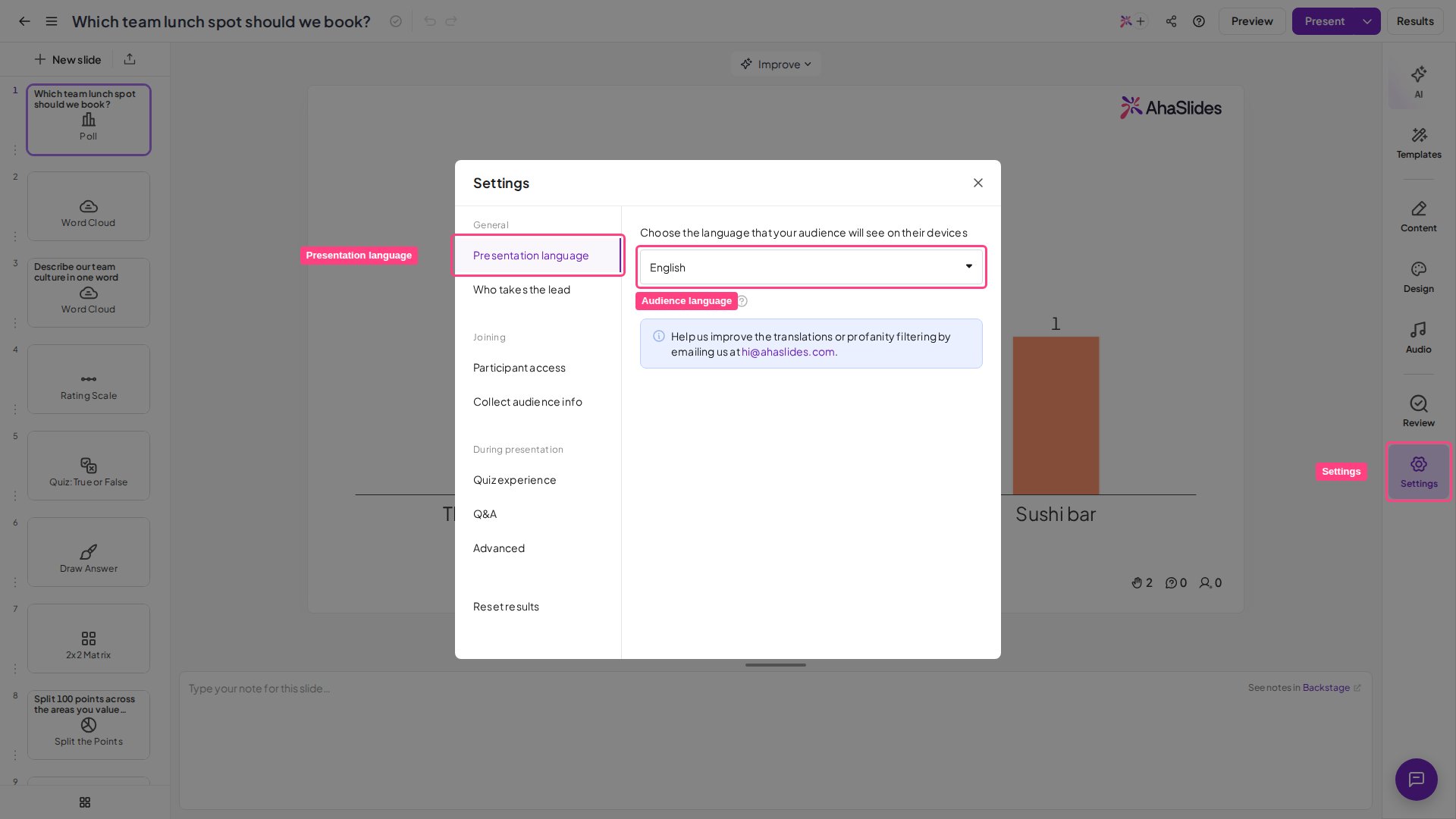 La configuración de la presentación de AhaSlides con Presentation language seleccionado y el menú desplegable del idioma del público resaltado