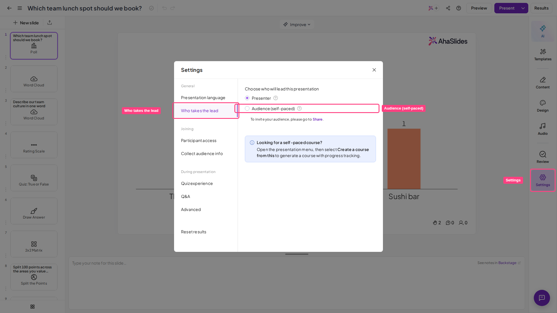 The AhaSlides Settings window on Who takes the lead, with Audience (self-paced) highlighted