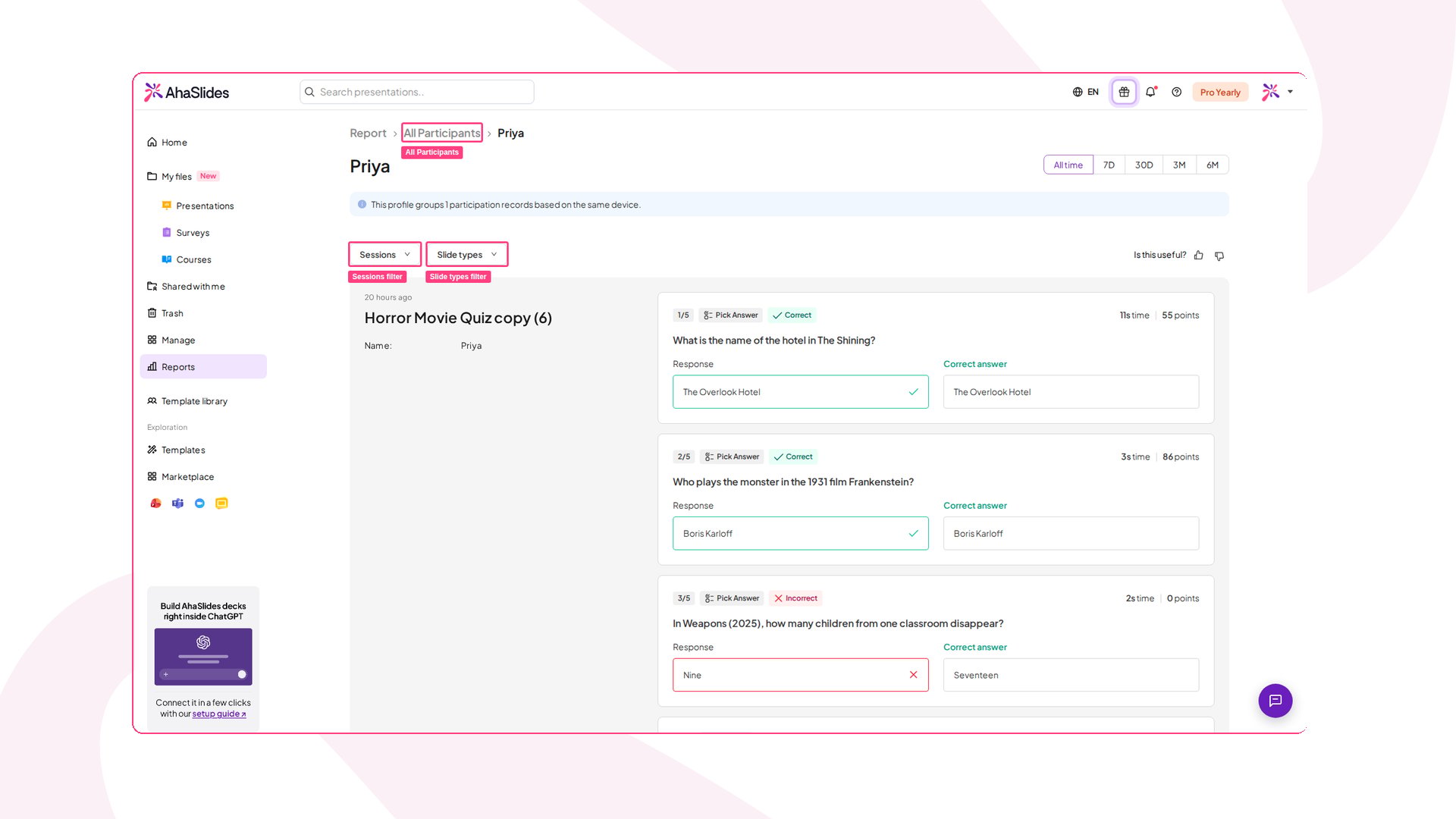 A participant profile in AhaSlides Reports, showing one participant's responses grouped by session