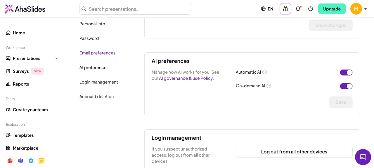 The AI preferences section in AhaSlides Account settings, showing the Automatic AI and On-demand AI toggles both switched on