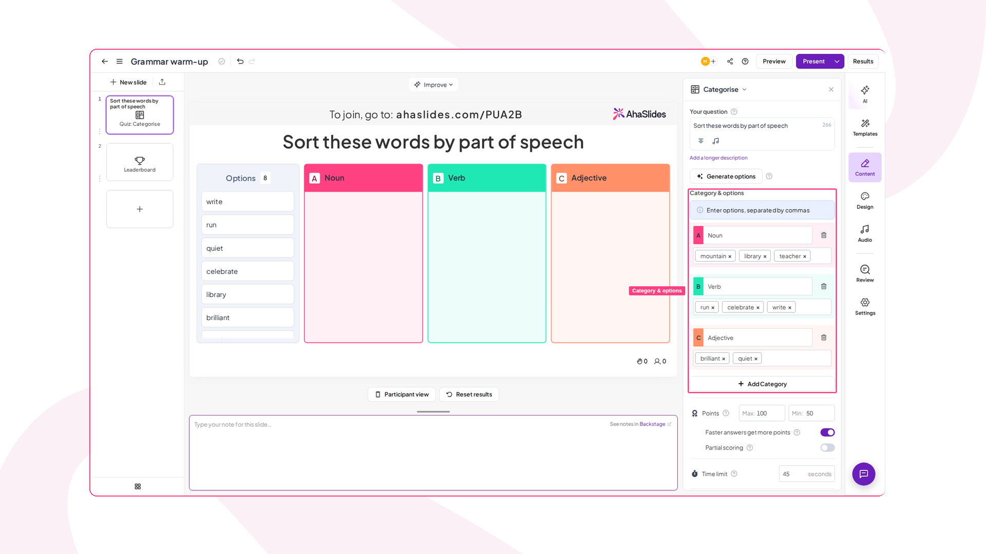 Editor de la diapositiva Categorise de AhaSlides con Categoría y opciones resaltado, con Noun, Verb y Adjective y sus elementos