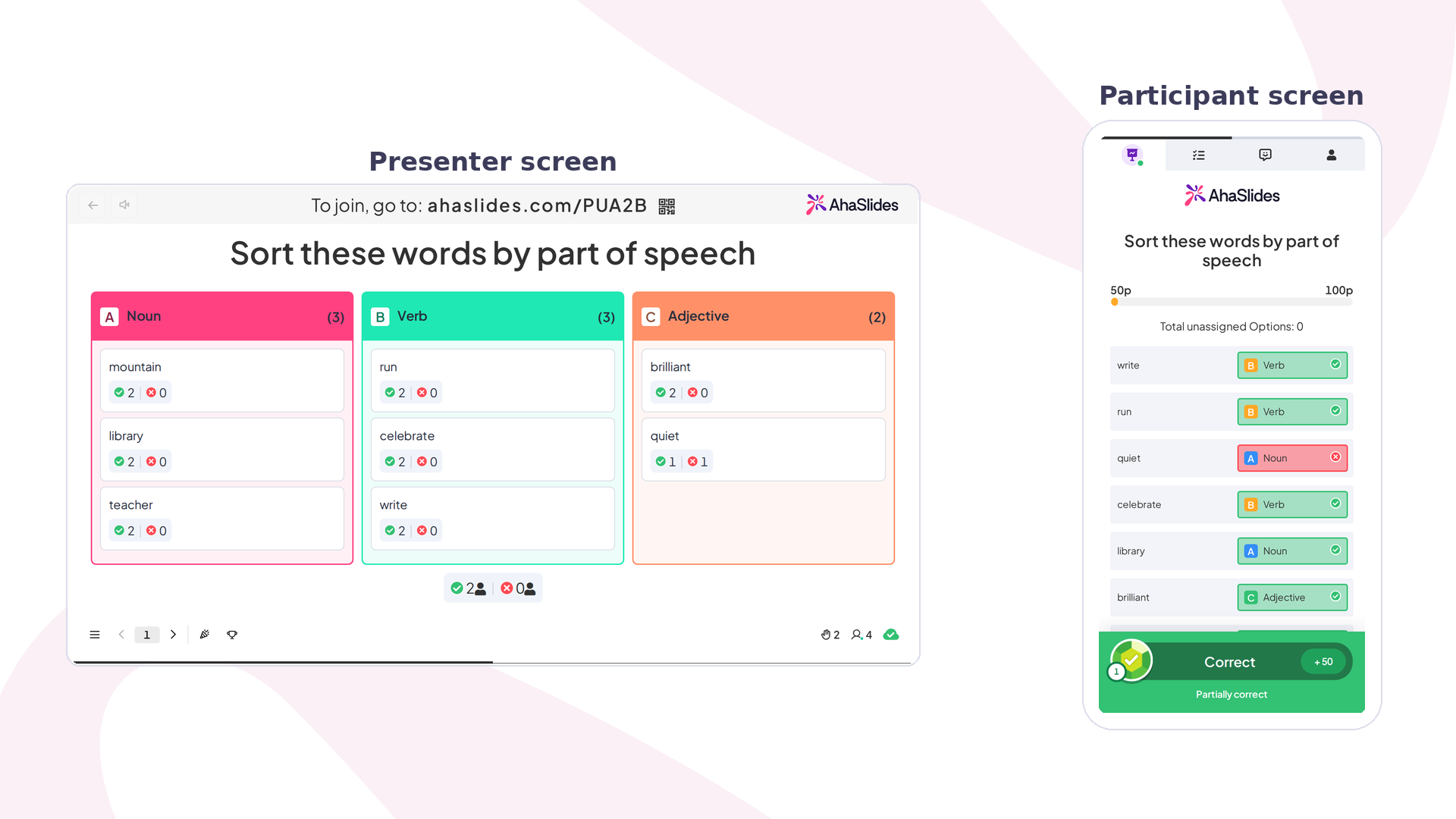 Quiz Categorise de AhaSlides en directo: la pantalla del presentador clasifica palabras en Noun, Verb y Adjective, junto a un móvil con puntos
