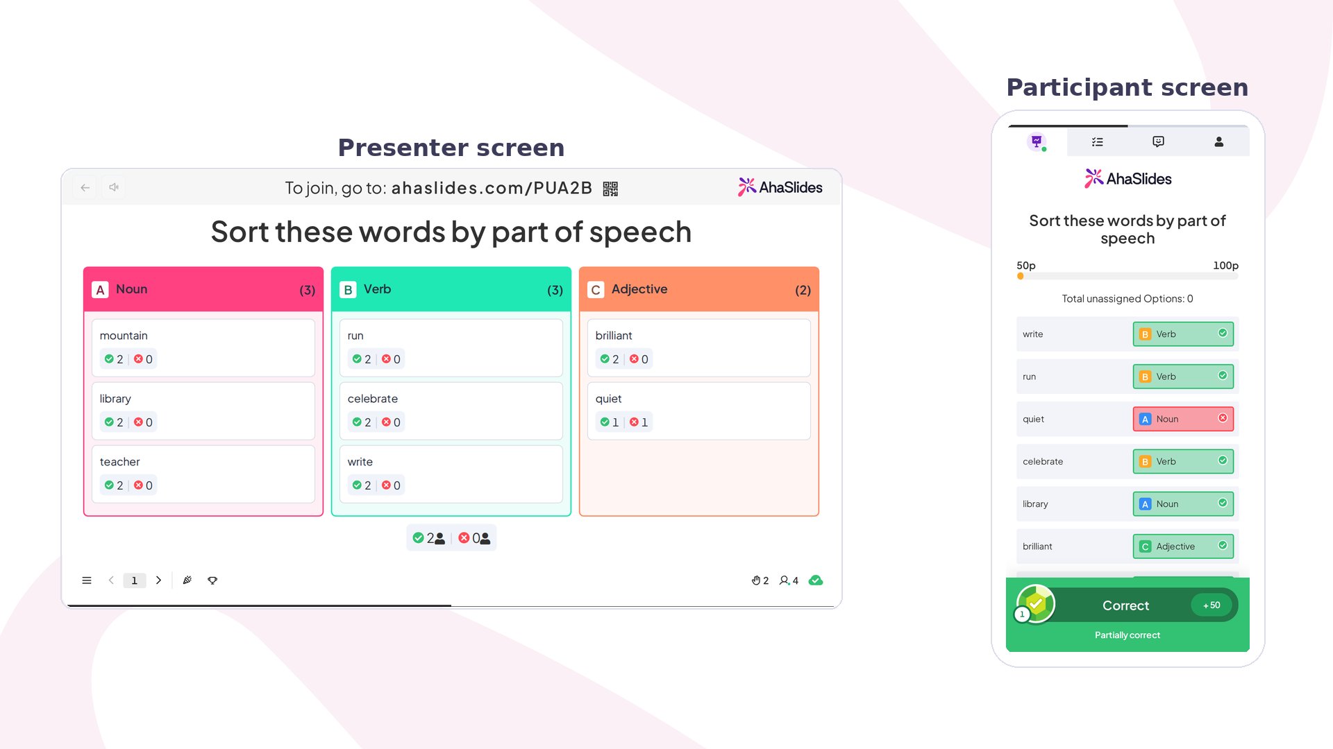 Quiz Categorise de AhaSlides en directo: la pantalla del presentador clasifica palabras en Noun, Verb y Adjective, junto a un móvil con puntos